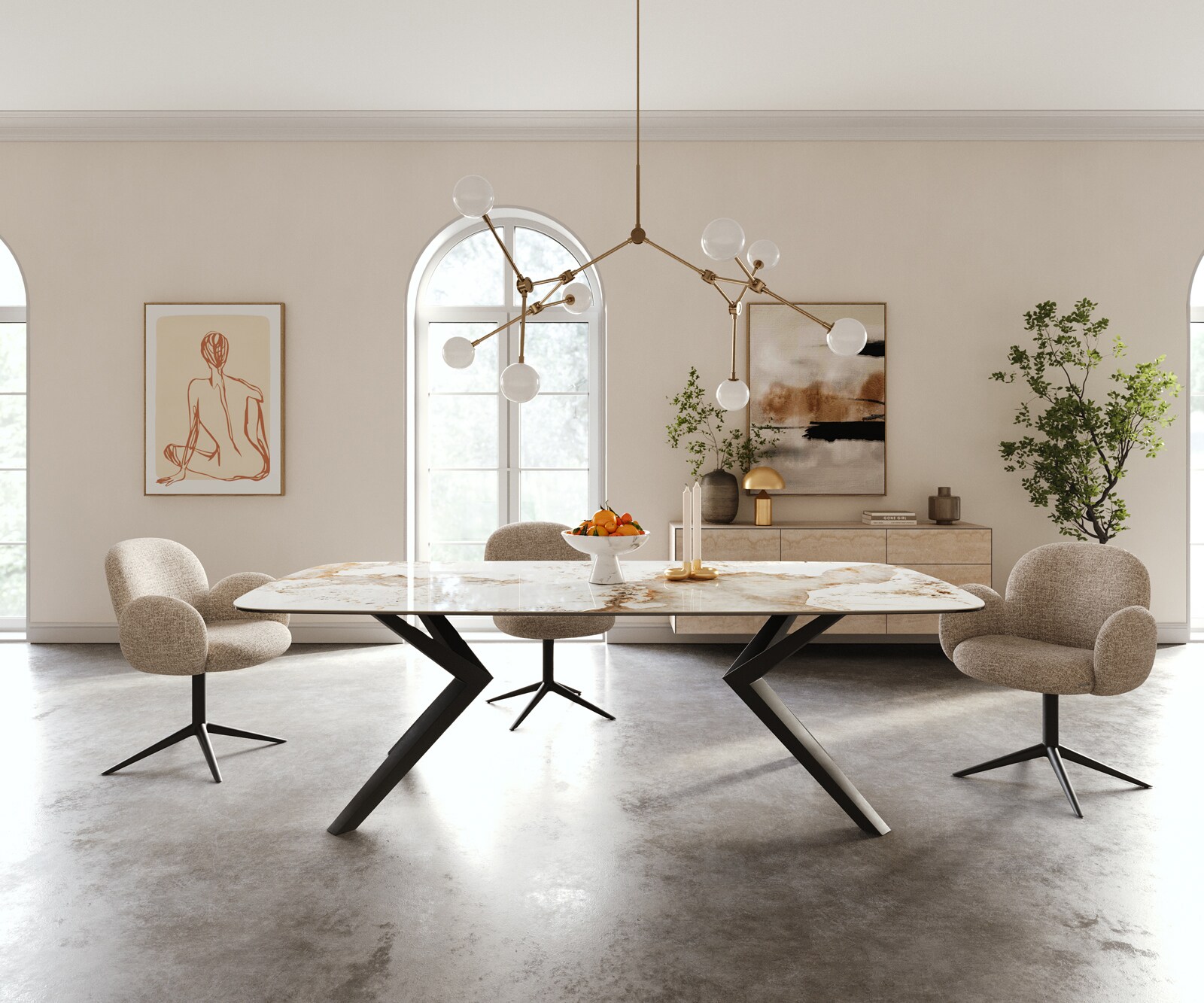 Eettafel Edge Boot 240x120 cm Keramiek Minas Melange Wit-Beige Zenthara hoekig Metaal Zwart 2