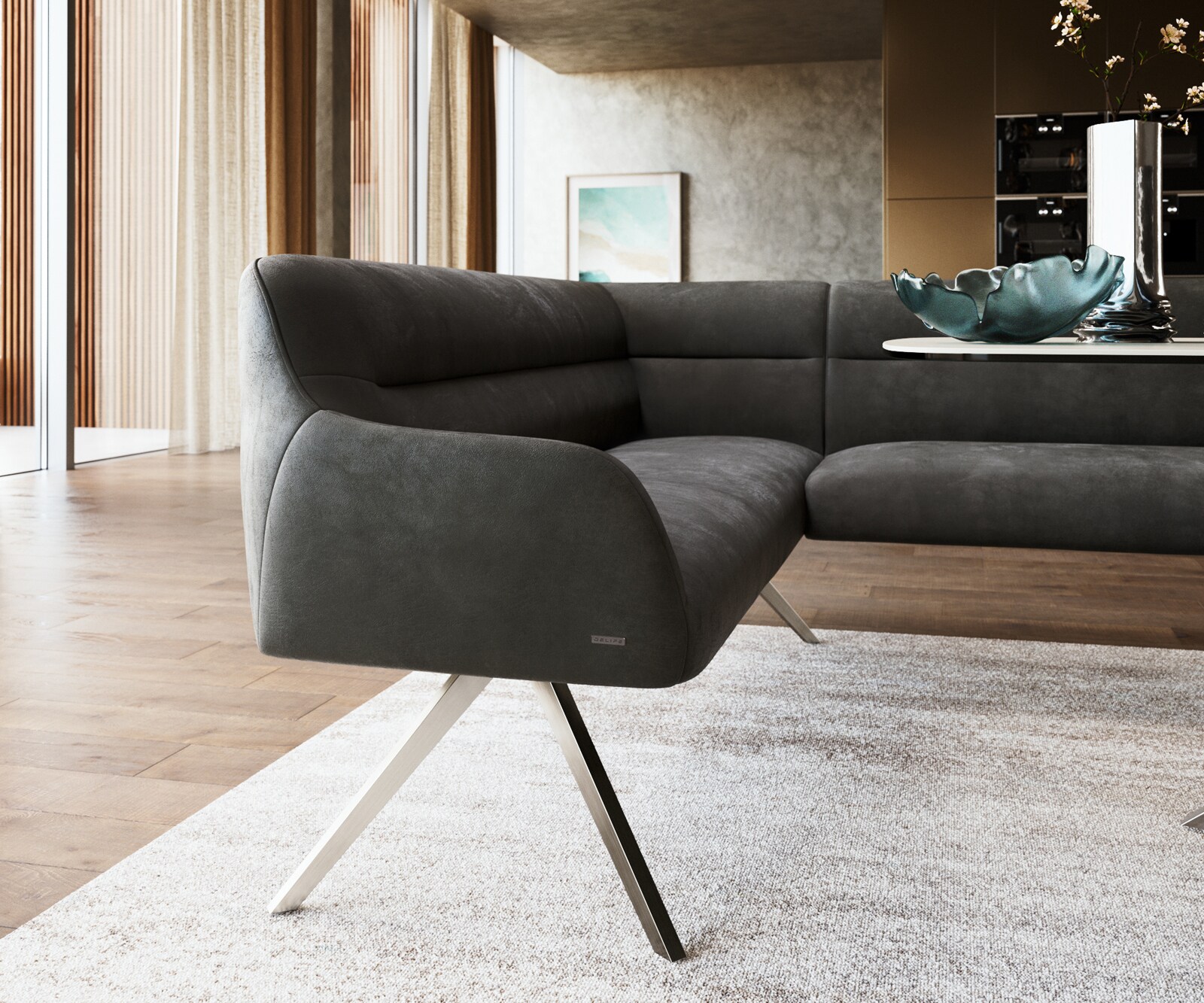 Eetkamerbank Taya-Flex 285x190 cm microvelours anthraciet vintage hoekig kruisframe roestvrij staal pocketvering rechts 5