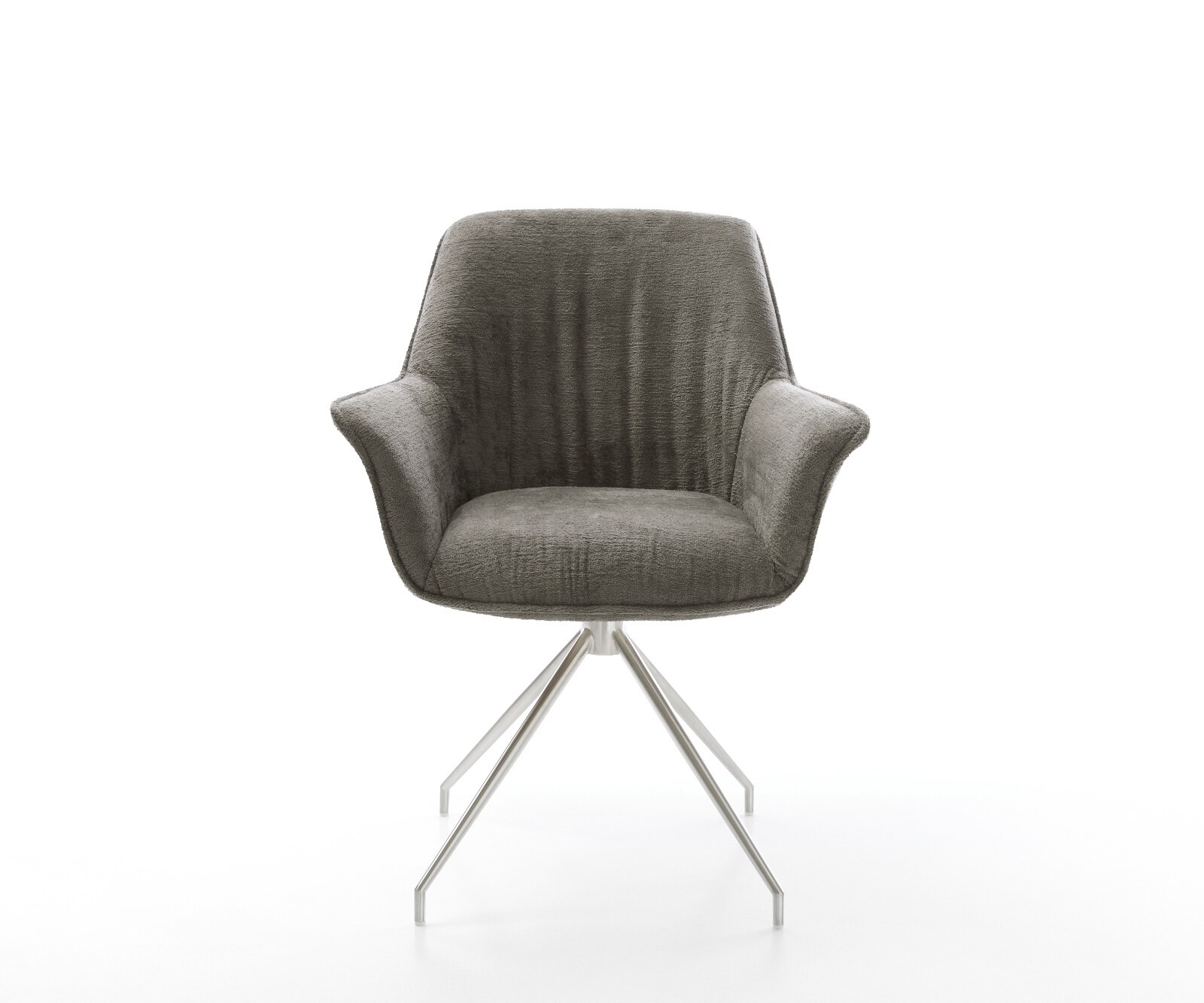 Eetkamerstoel Keila-Flex met armleuning bouclé zacht mud kruisframe conisch roestvrij staal 2