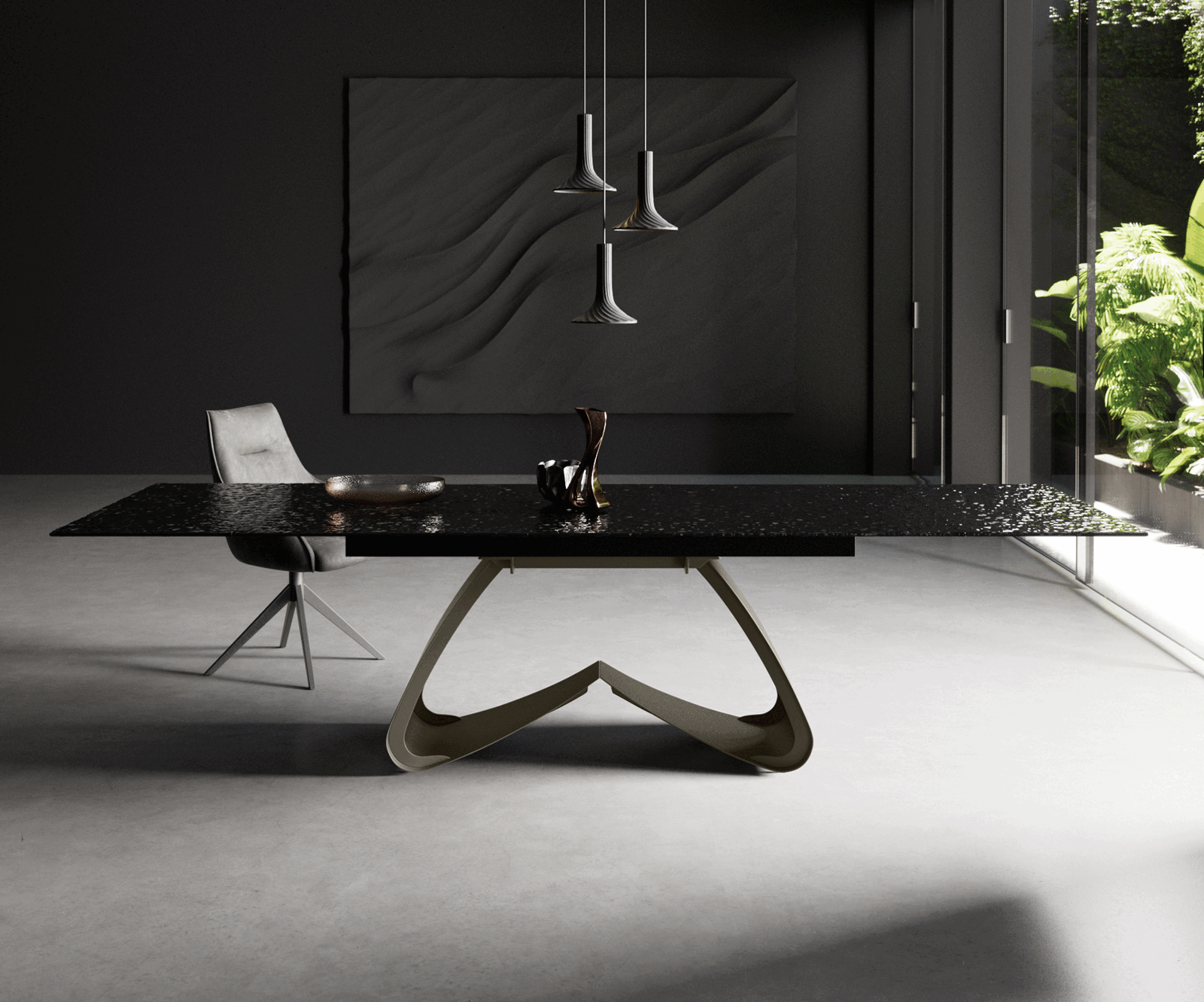 Eetkamertafel Edge 200-300x100 Glas smelten rokerig zwart 3D-Relief W-frame effectafwerking Titaan uitschuifbaar 1