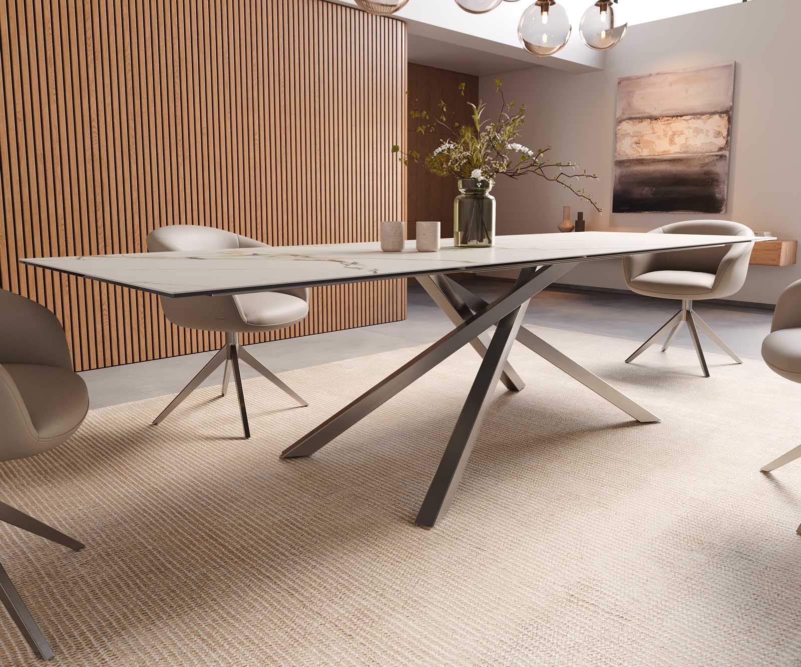 Eetkamertafel Edge 300x100 keramiek Calacatta Luxe wit-goud-grijs kruisframe rechthoek RVS 7