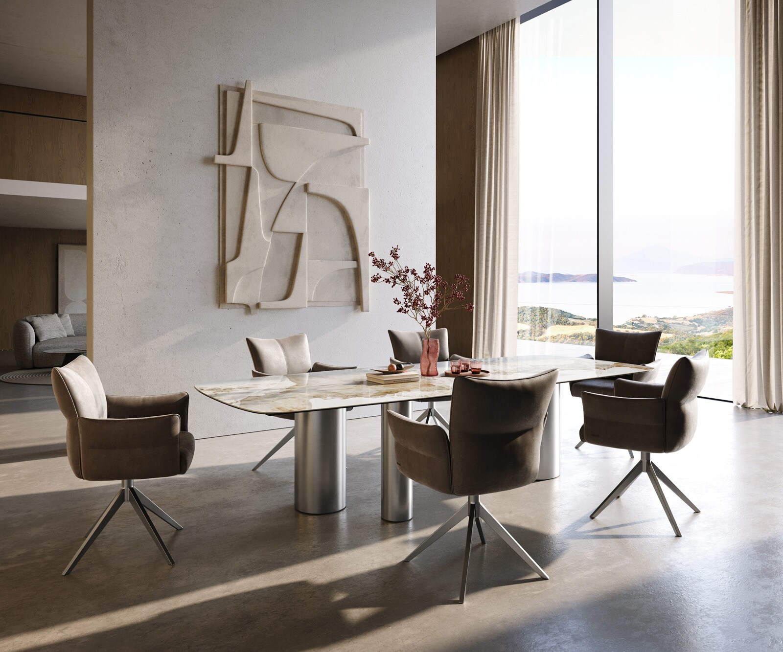 Eettafel Edge Boot 300x120 cm Keramiek Minas Melange Wit-Beige Troa Roestvrij staal gebürstet 6