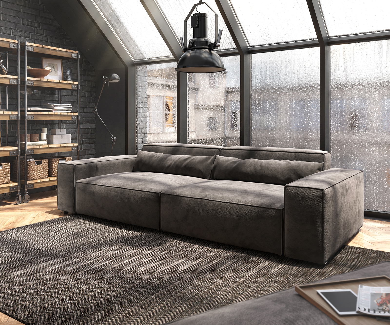 Big-sofa Sirpio XL 270x130 cm microvezel kaki bruin met kruk Big-sofa Sirpio XL 270x130 cm microvezel kaki bruin met kruk