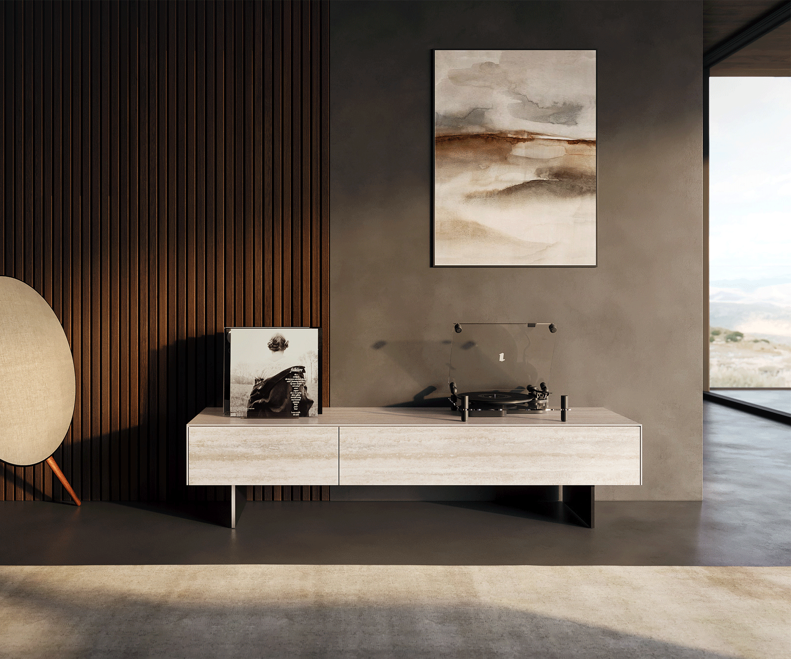 Tv-meubel Cuor 150 cm Keramiek Laminam® Travertino Bianco Crème-wit 1 Flap 1 Lade Zwevende voet look Metaal Zwart 1