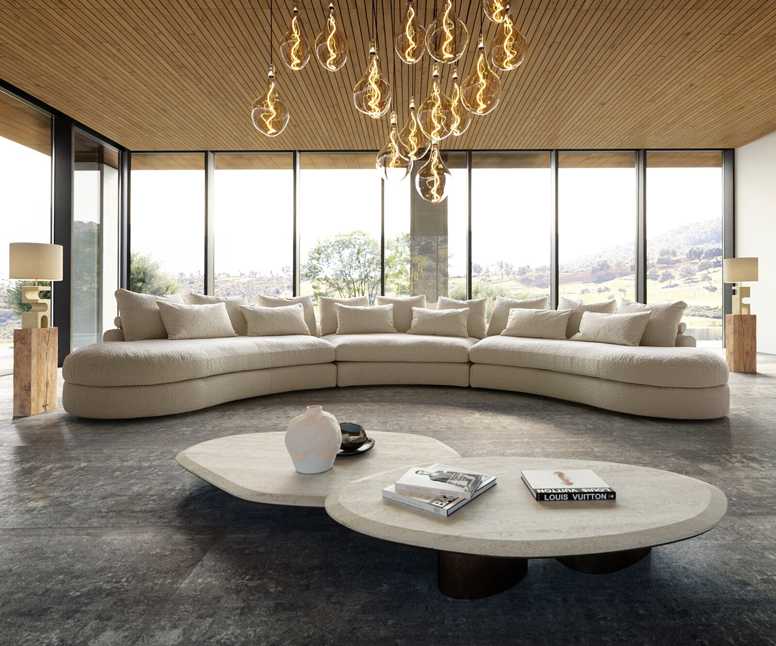 Mega-sofa Estrea 500x250 cm Bouclé Crème wit ronde bank 1