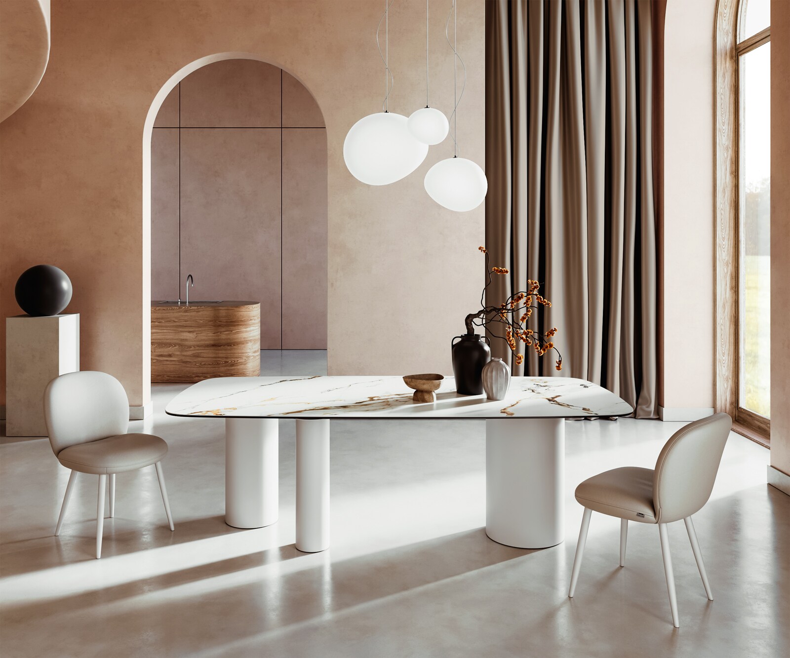 Eetkamertafel Edge Boot 240x120 keramiek Calacatta Luxe wit-Gold-grijs Troa metaal wit