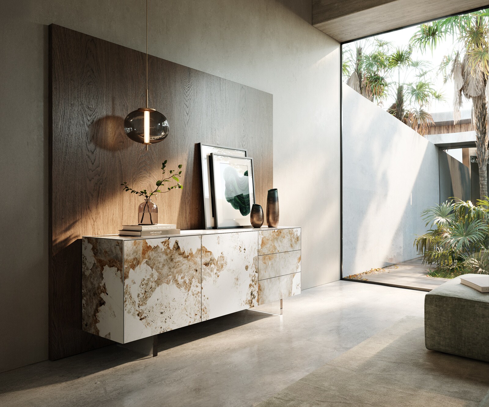 Dressoir Cuor 180 cm Keramiek Minas Melange Wit-beige 2 Deuren 3 Laden Zwevende voet look Acrylglas