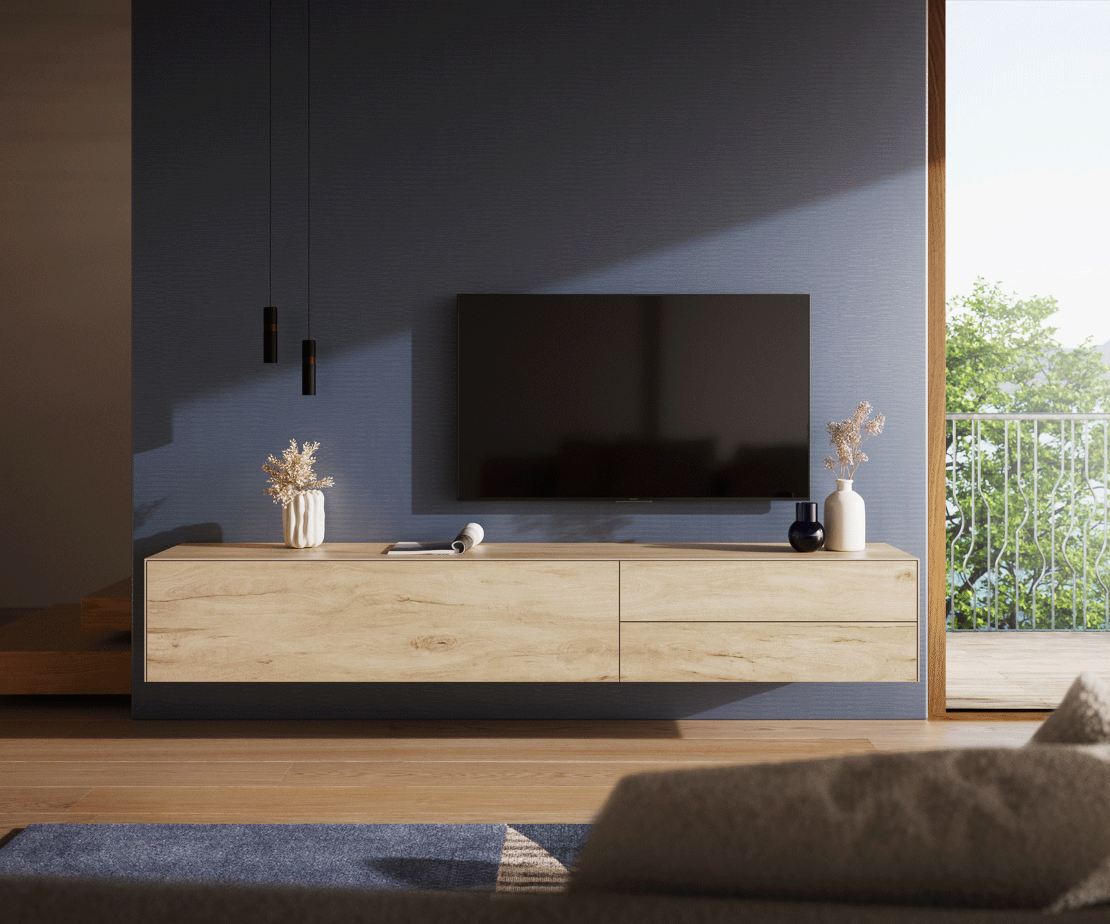 Tv-meubel Cuor 220 cm Keramiek Laminam® Sabbia Eiken gekleurd 1 Flap 2 Laden Zwevend 1