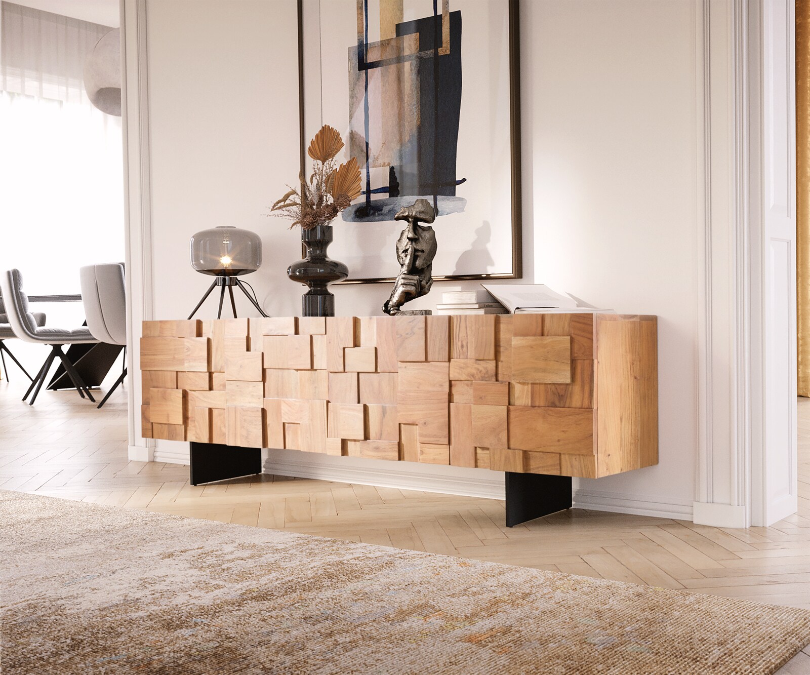 Tv-meubel Puzzle 175 cm 4 deuren natuur acacia onderstel zwevend metaal zwart