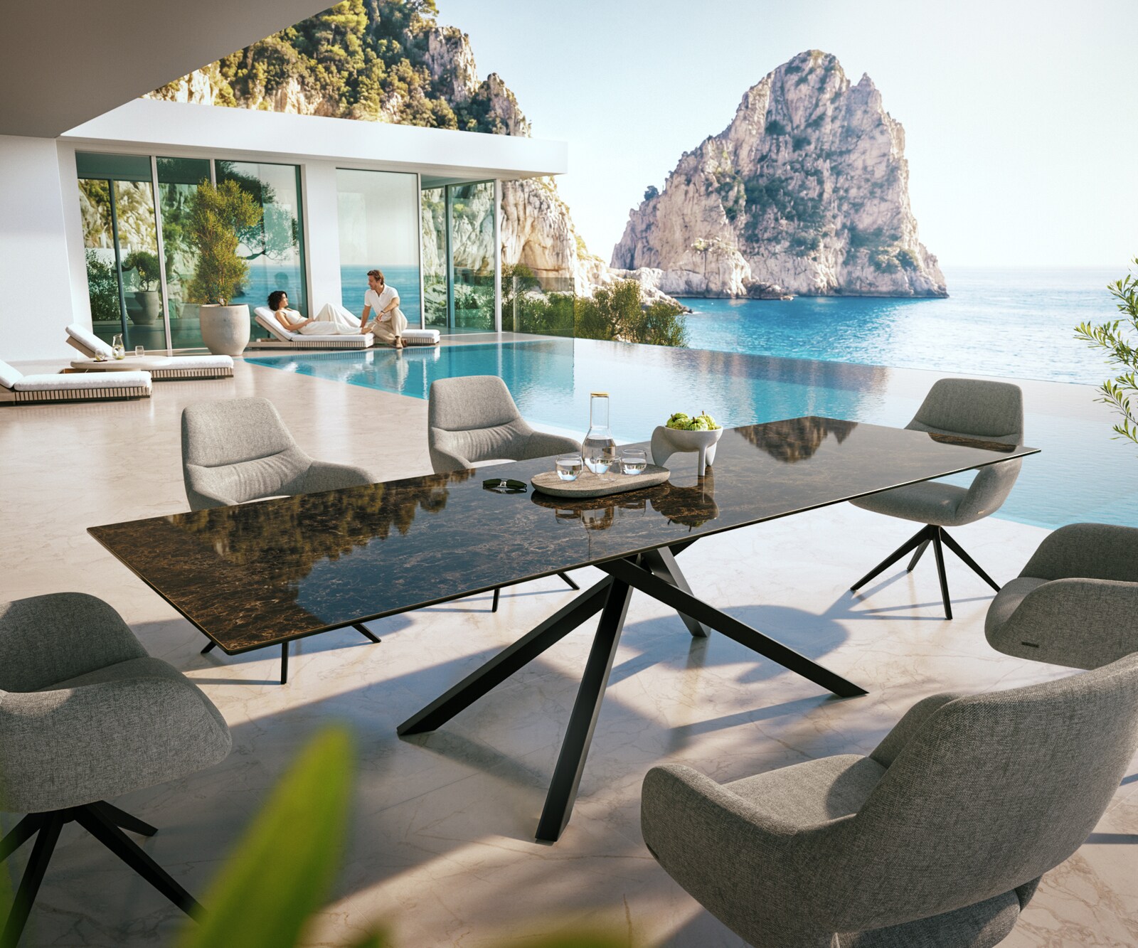 Outdoortafel Edge 300x100 cm keramiek Laminam® Emperador Extra Lucidato donkerbruin kruispoot rechthoekig zwart 1