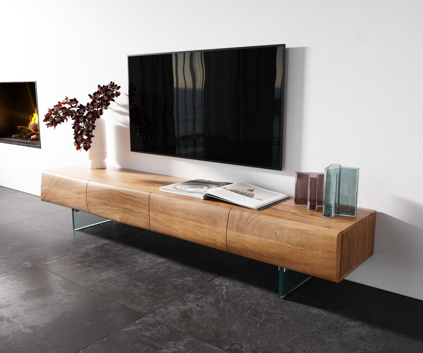 TV-meubel New Live-Edge 200 cm acacia natuur  4 deuren glazen poot