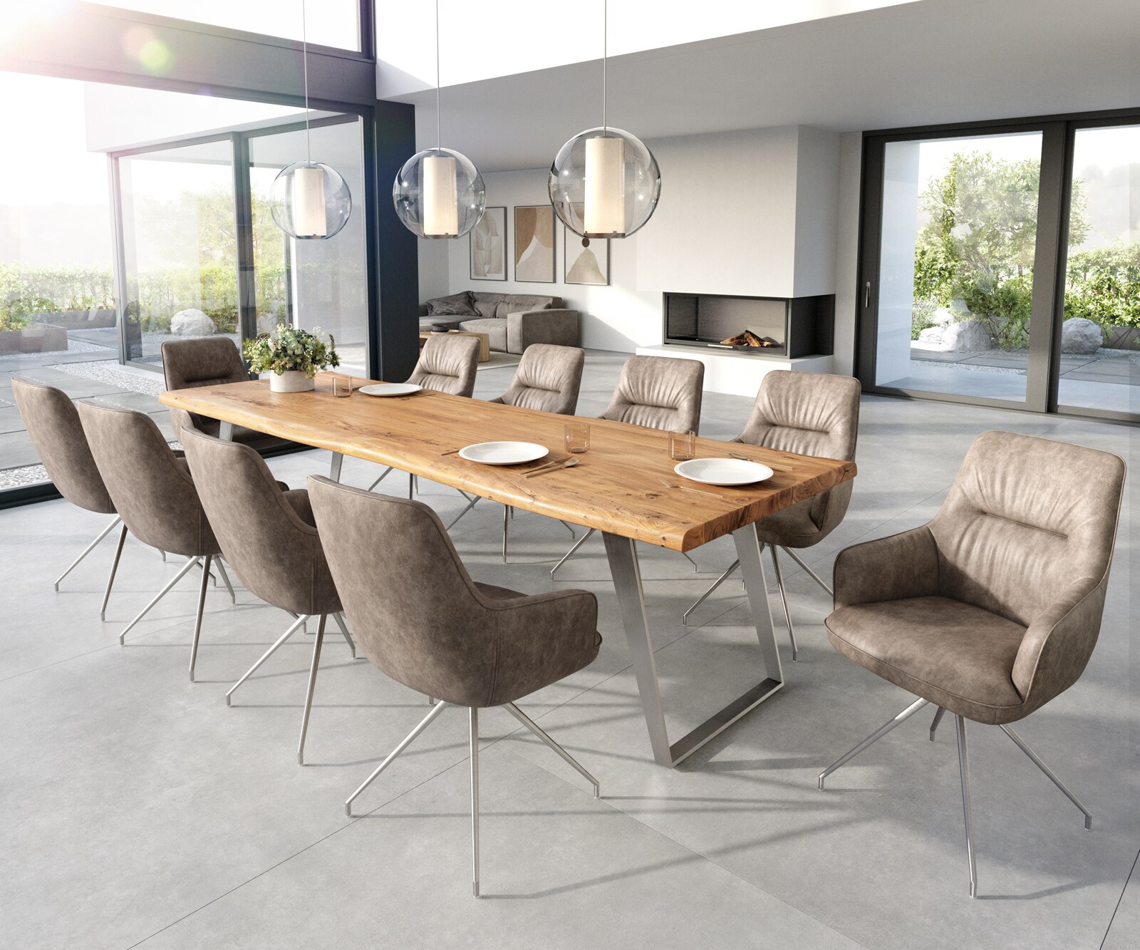 Eetkamerstoel Zelia-Flex met armleuning microvelours taupe vintage kruisframe conisch roestvrij staal pocketveer kern 3