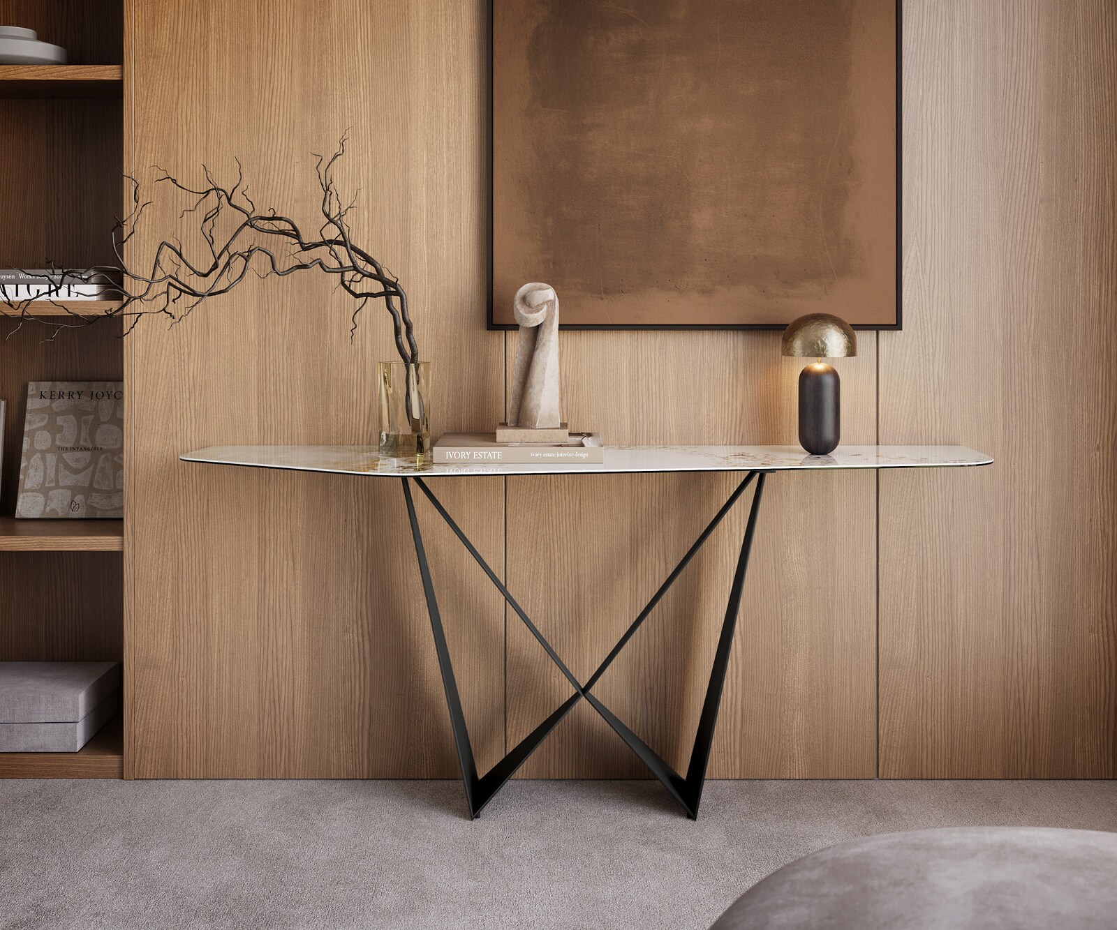 Consoletafel Edge Polygonaal 180x50 cm Keramiek Minas Melange Weiß-Beige Spios Metaal Zwart 4