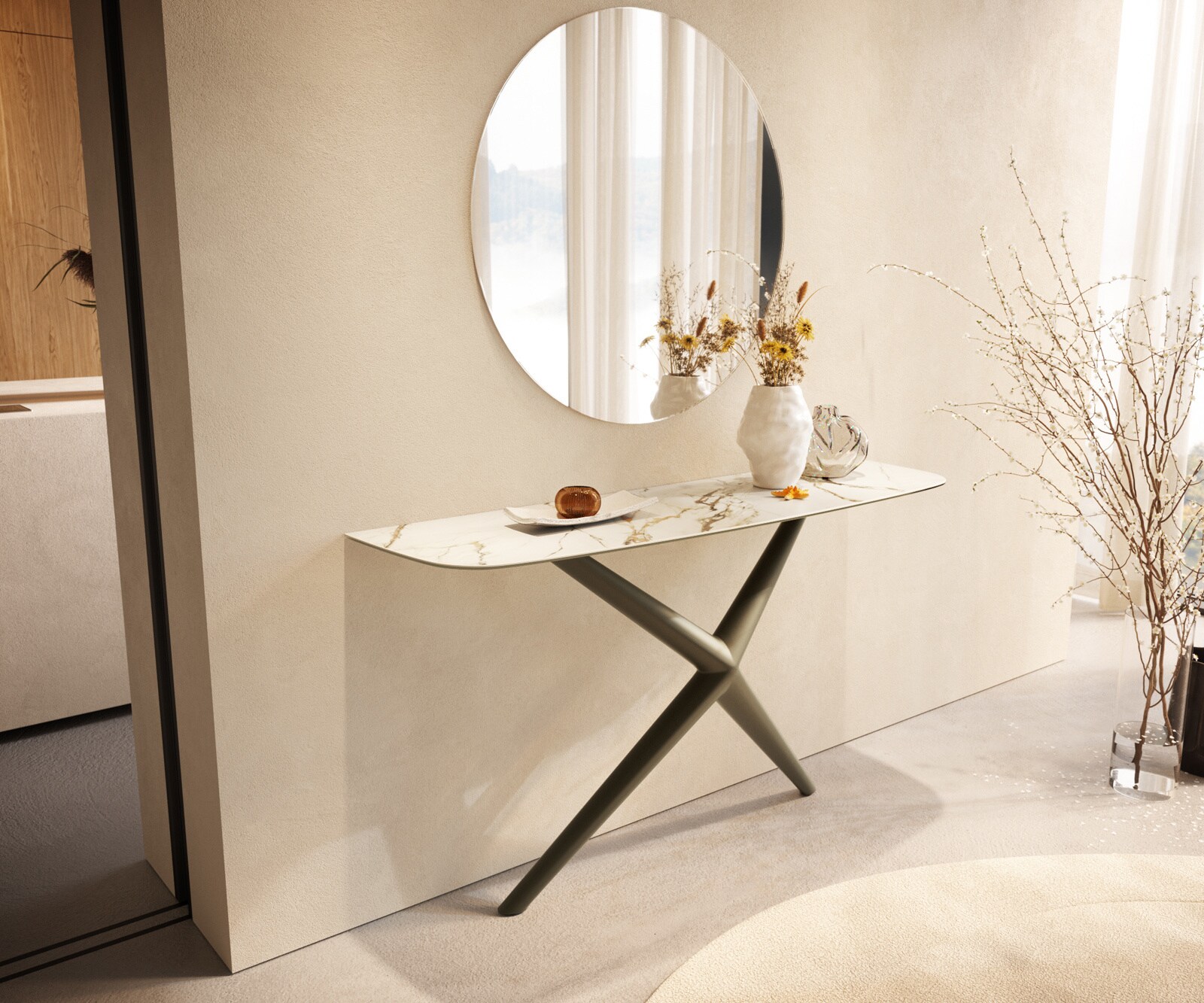 Consoletafel Edge Bootvorm 140x40 cm Keramiek Calacatta Luxe Weiß-Gold-Grijs Estelo Metaal Effektfinish Titan 4