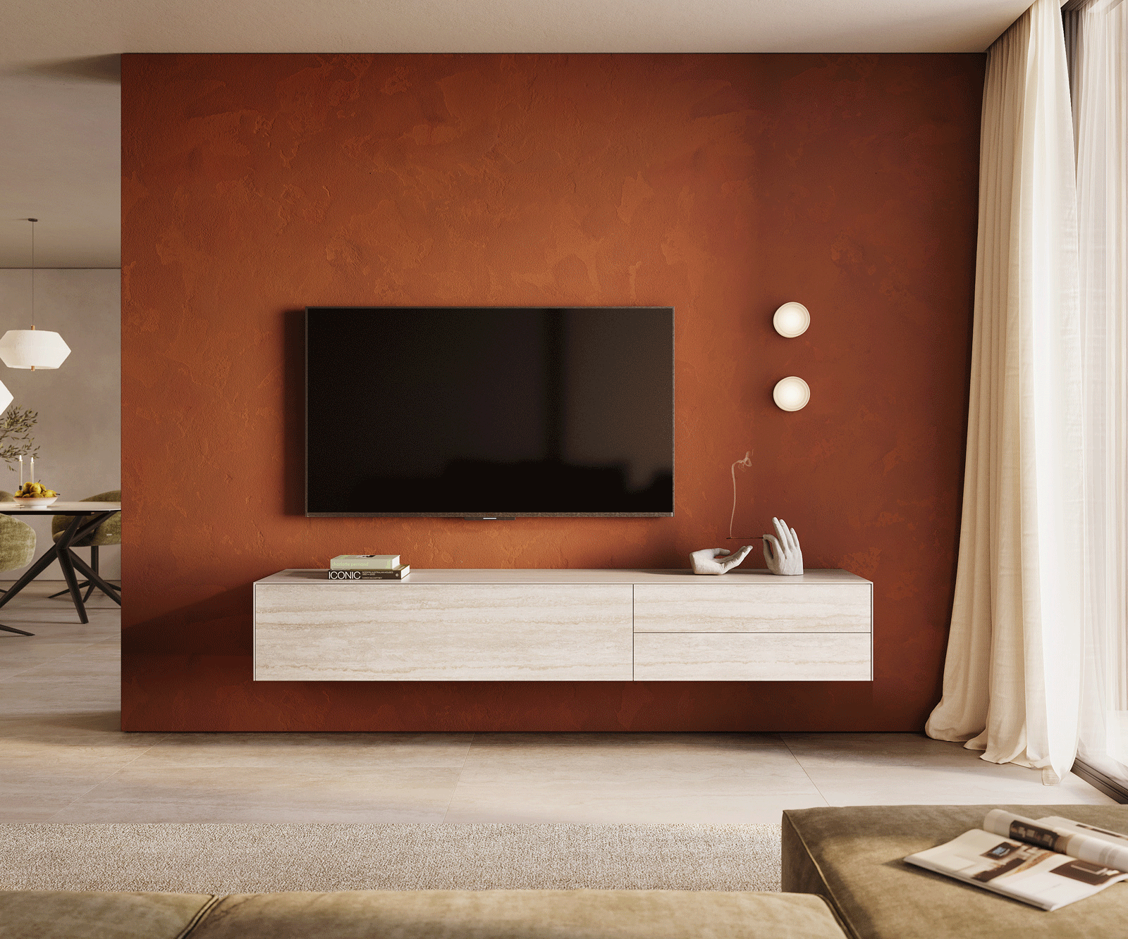 Tv-meubel Cuor 220 cm Keramiek Laminam® Travertino Bianco Crème-wit 1 Flap 2 Laden Zwevend 1