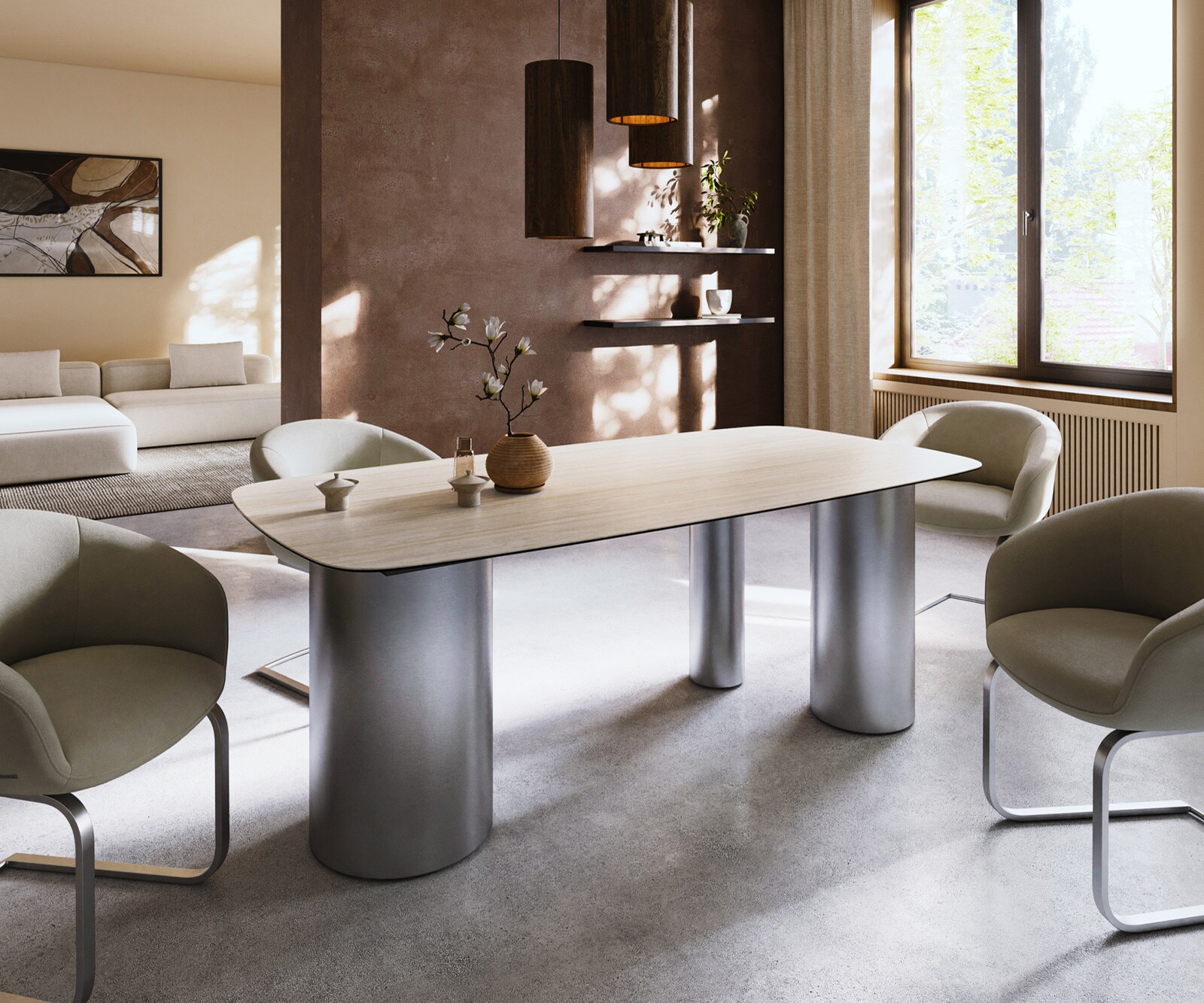 Eettafel Edge Boot 200x100 keramiek  Laminam® Travertino Bianco Creme-wit Troa RVS gebürstet 1
