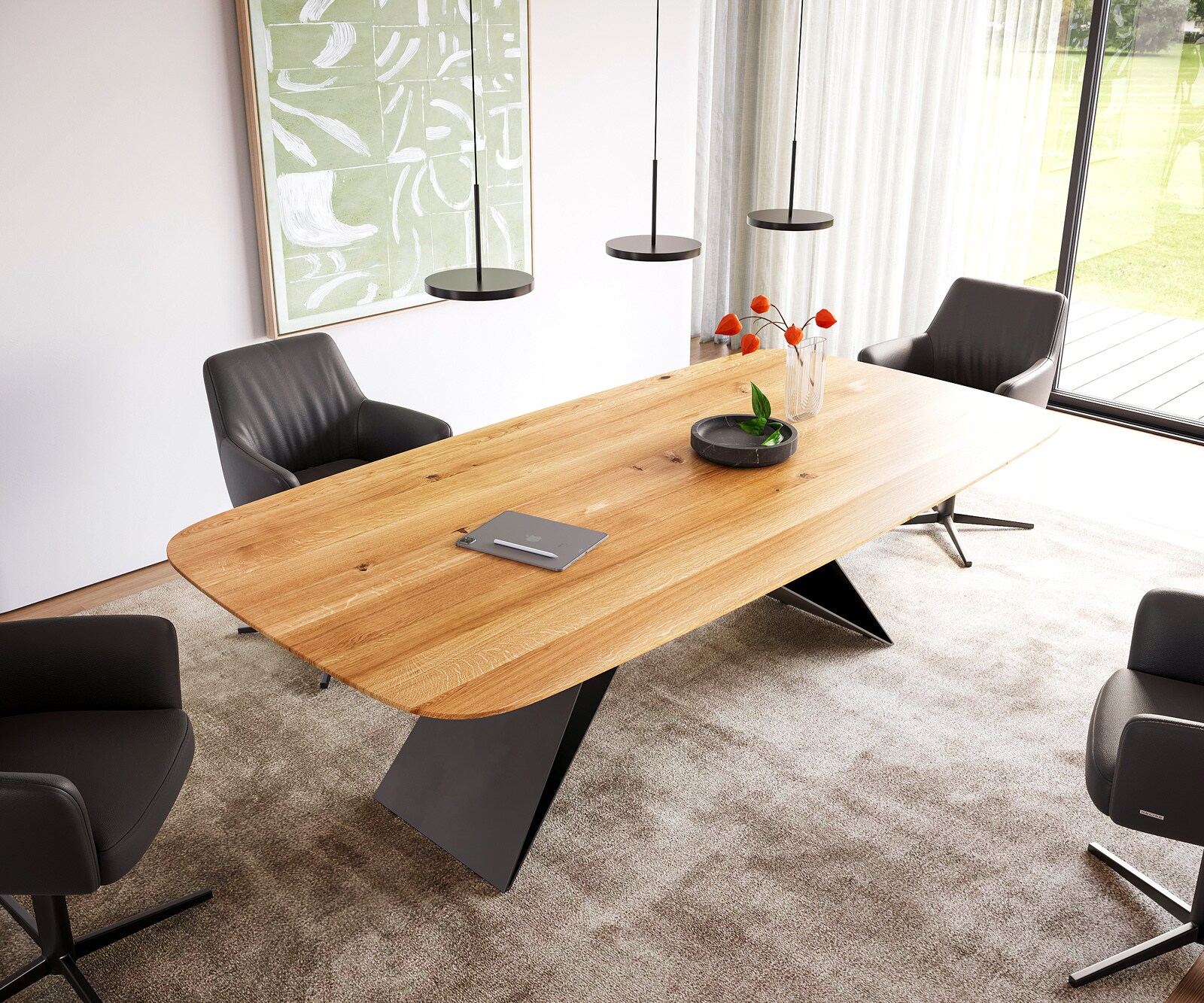 Eettafel Edge Boot 240x120x2,5-3 eiken natuur V-frame vlak staal zwart Zwitserse rand 1