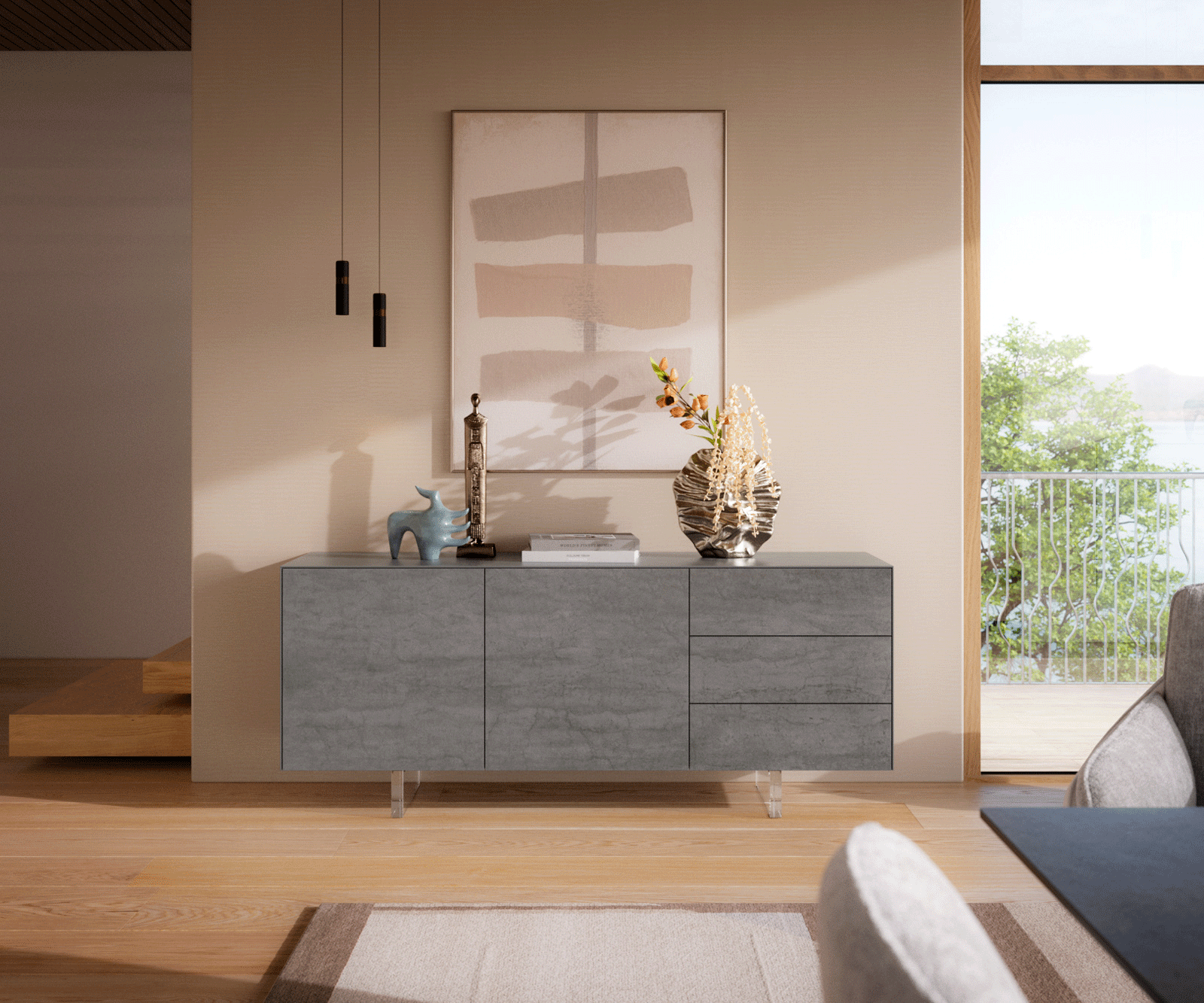 Dressoir Cuor 180 cm Keramiek Beton Grijs 2 Deuren 3 Laden Zwevende voet look Acrylglas 2