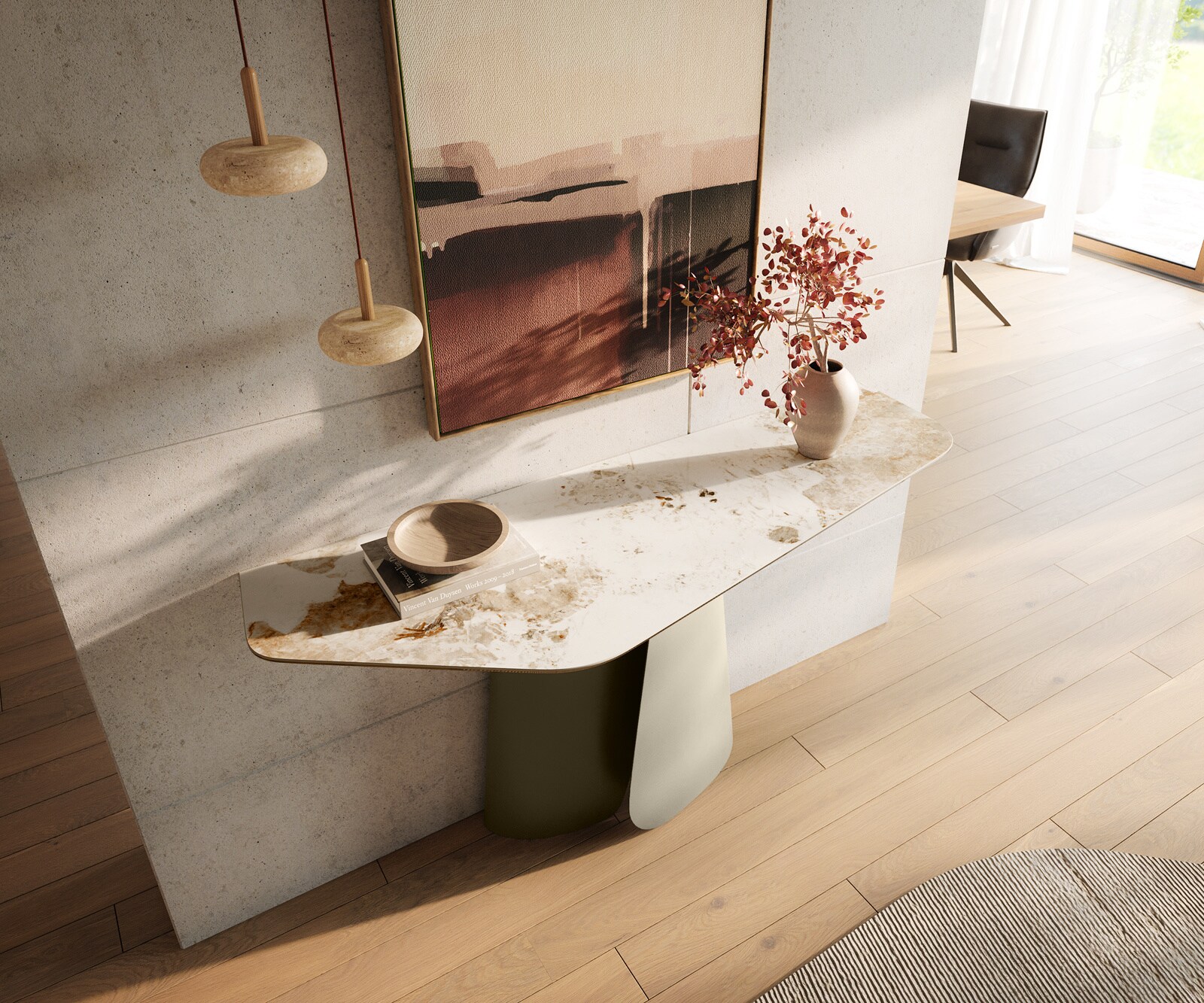 Consoletafel Edge Polygonaal 140x50 cm Keramiek Minas Melange Weiß-Beige Livos Metaal Effektfinish Titan 2