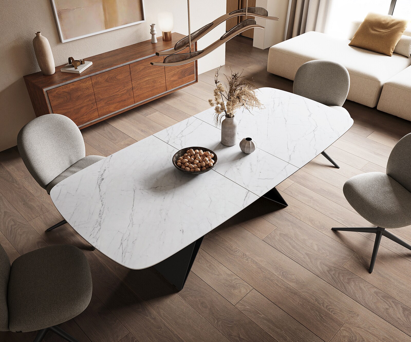 Eettafel Edge Boot 180-220x100 cm Keramiek Laminam® Statuarietto Wit V-onderstel Flachstahl Zwart uitschuifbaar 4