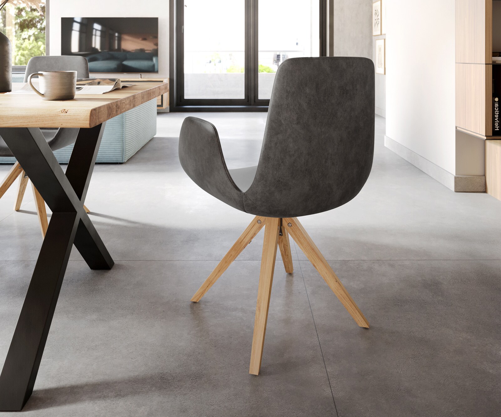 Eetkamerstoel Ilia-Flex met armleuning microvelours antraciet vintage houten frame hoekig natuur 4 Eetkamerstoel Ilia-Flex met armleuning microvelours antraciet vintage houten frame hoekig natuur 4