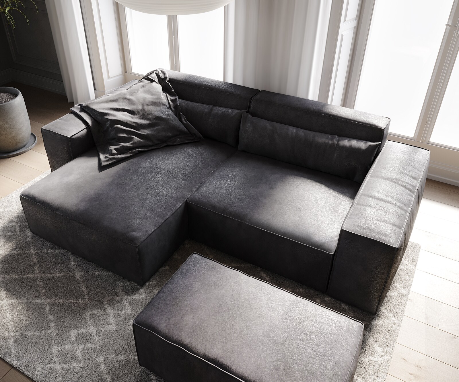Hoekbank Sirpio 230x155 cm kunstleder vintage antraciet variabele rugleuning met kruk 3