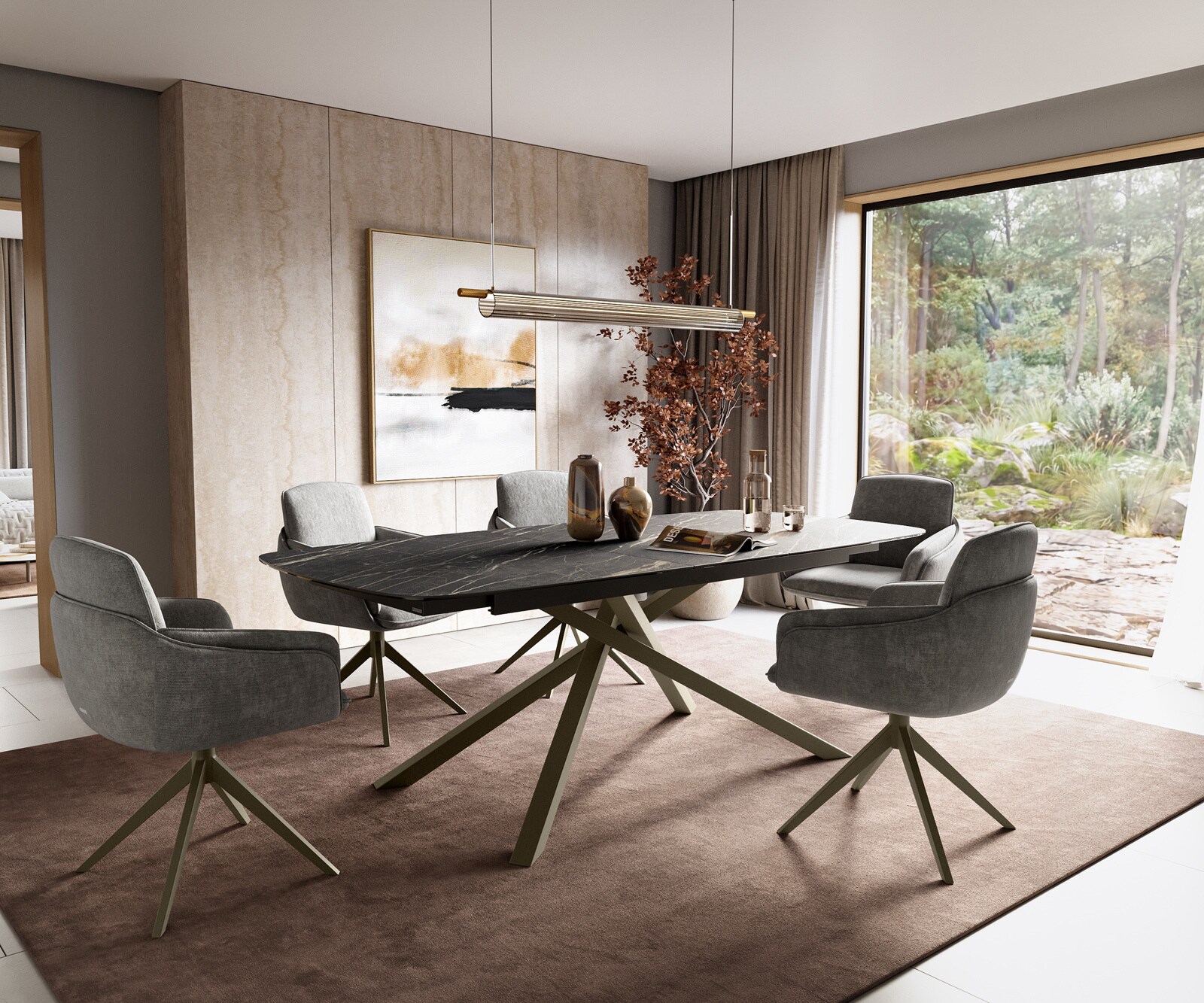Eettafel Edge Boot 180-220x100 cm Laminam® Keramiek Noir Desir Braun kruisonderstel Rechthoek Effectafwerking Titan uitschuifbaar 6
