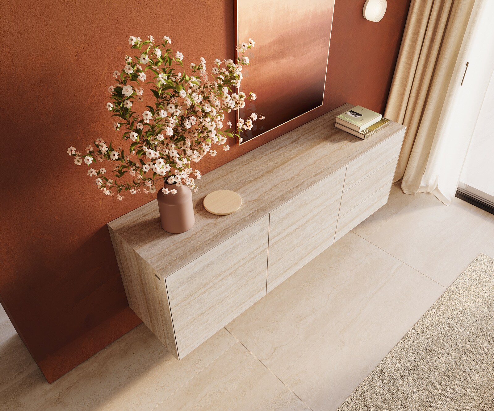 Dressoir Cuor 180 cm Keramiek Laminam® Travertino Bianco Crème-wit 2 Deuren 3 Laden Zwevend 4