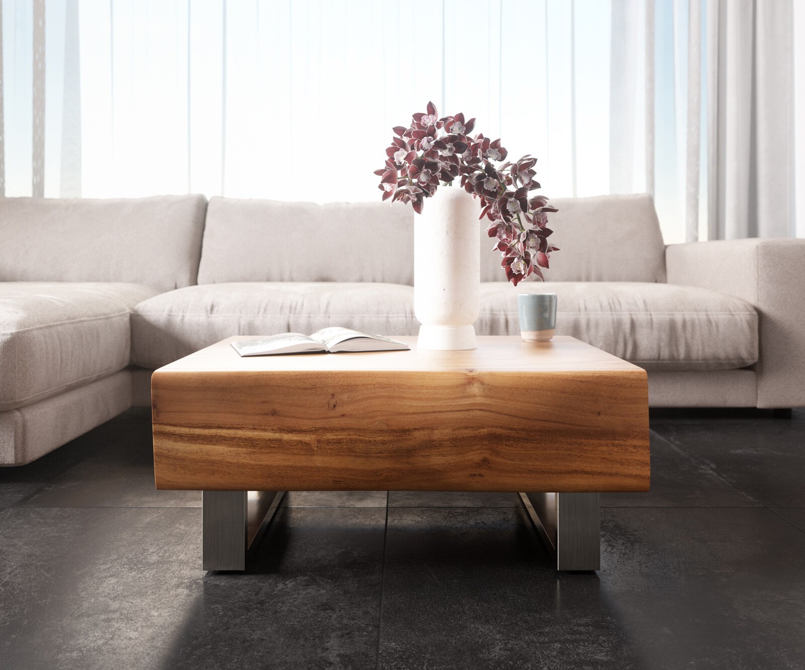Salontafel New Live-Edge 80x60 cm acacia natuur 2 lades sledepoten geborsteld roestvrij staal 1