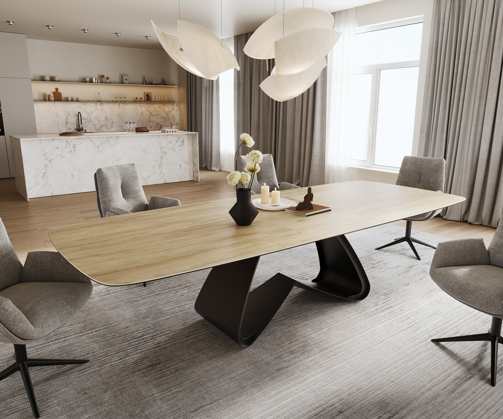 Eettafel Edge Boot 240-300x120 cm Keramiek Laminam® Sabbia Eichefarbig W-onderstel Zwart uitschuifbaar 1