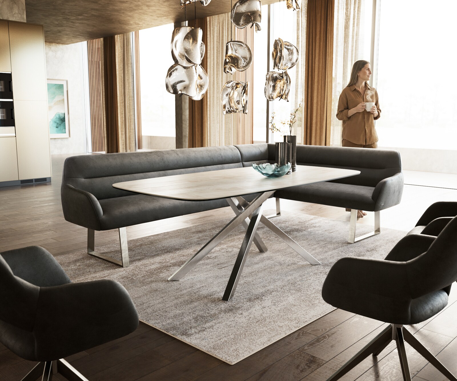 Eetkamerbank Taya-Flex 285x190 cm microvelours anthraciet vintage gekant sledeframe roestvrij staal pocketvering links 1