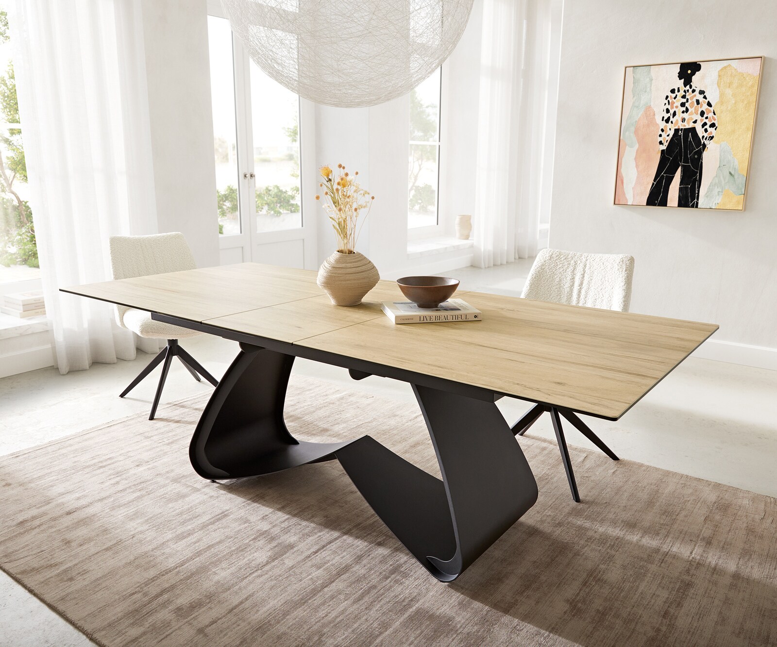 Eetkamertafel Edge 180-220x100 keramiek Laminam® Sabbia eiken kleur W-frame zwart uitschuifbaar 1