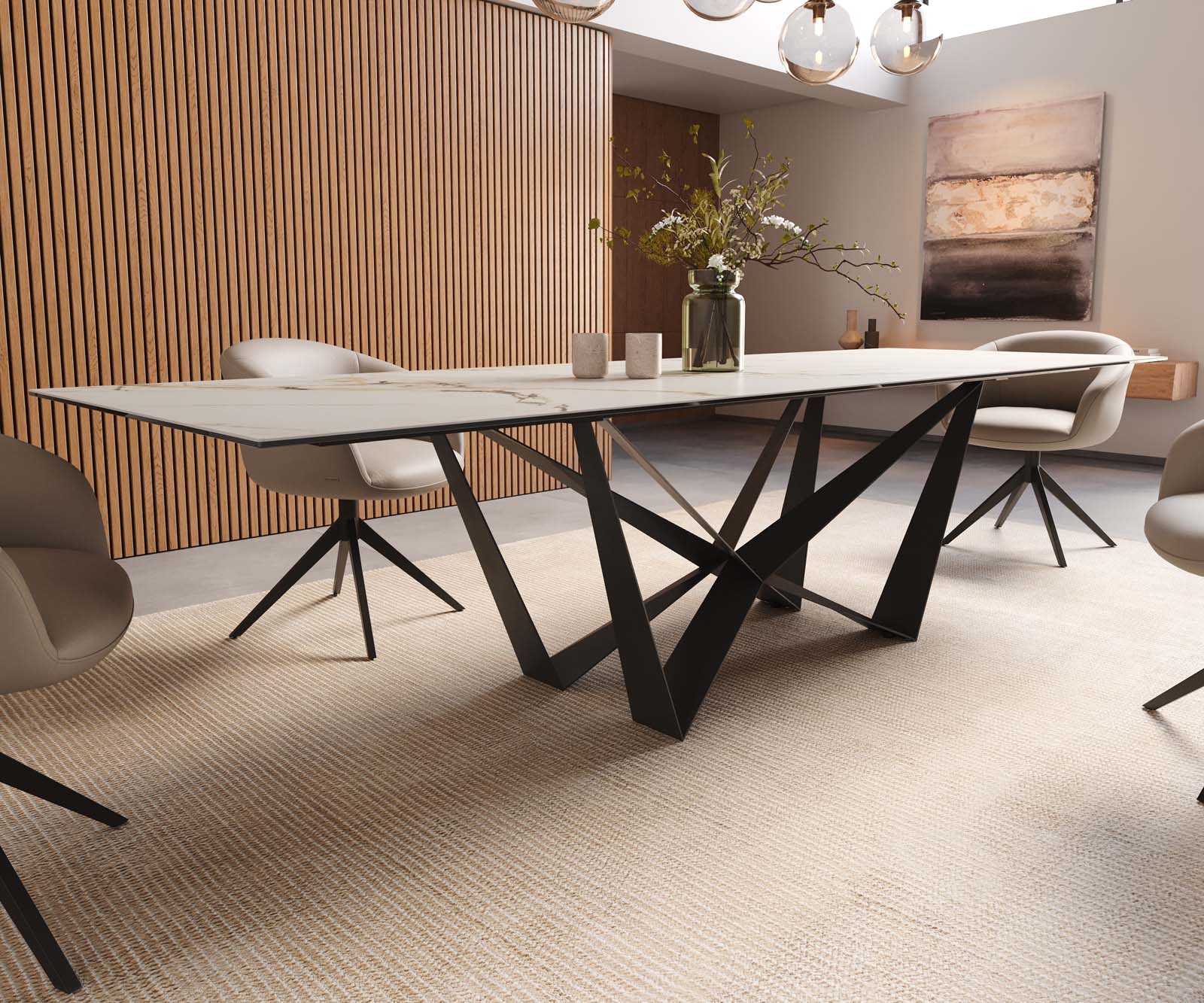 Eetkamertafel Edge 300x100 keramiek Calacatta Luxe wit-goud-grijs spider vlak staal zwart 7