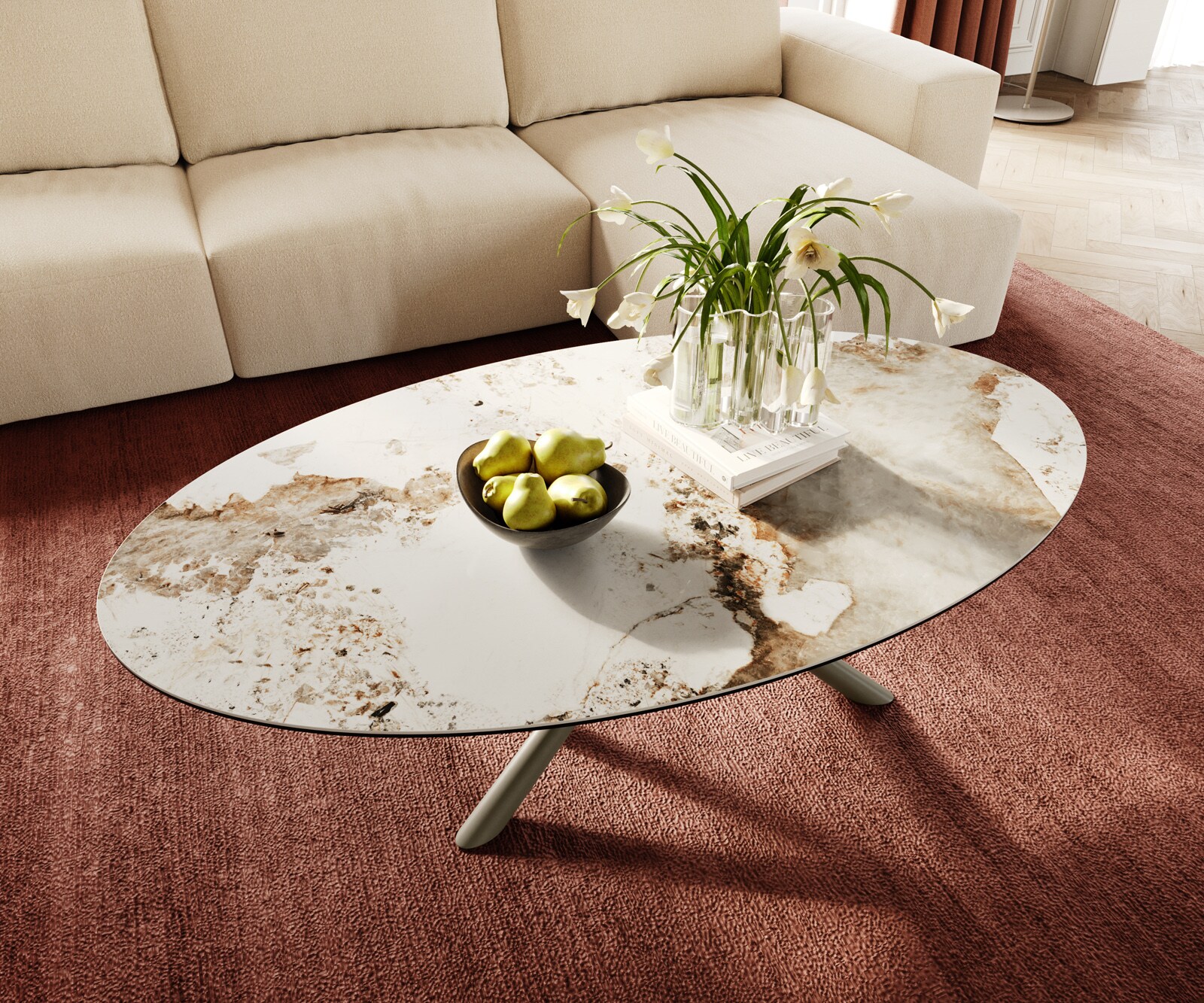 Salontafel Edge Oval 140x80 cm keramiek Minas Melange Sarity Metall effectafwerking titaan 3