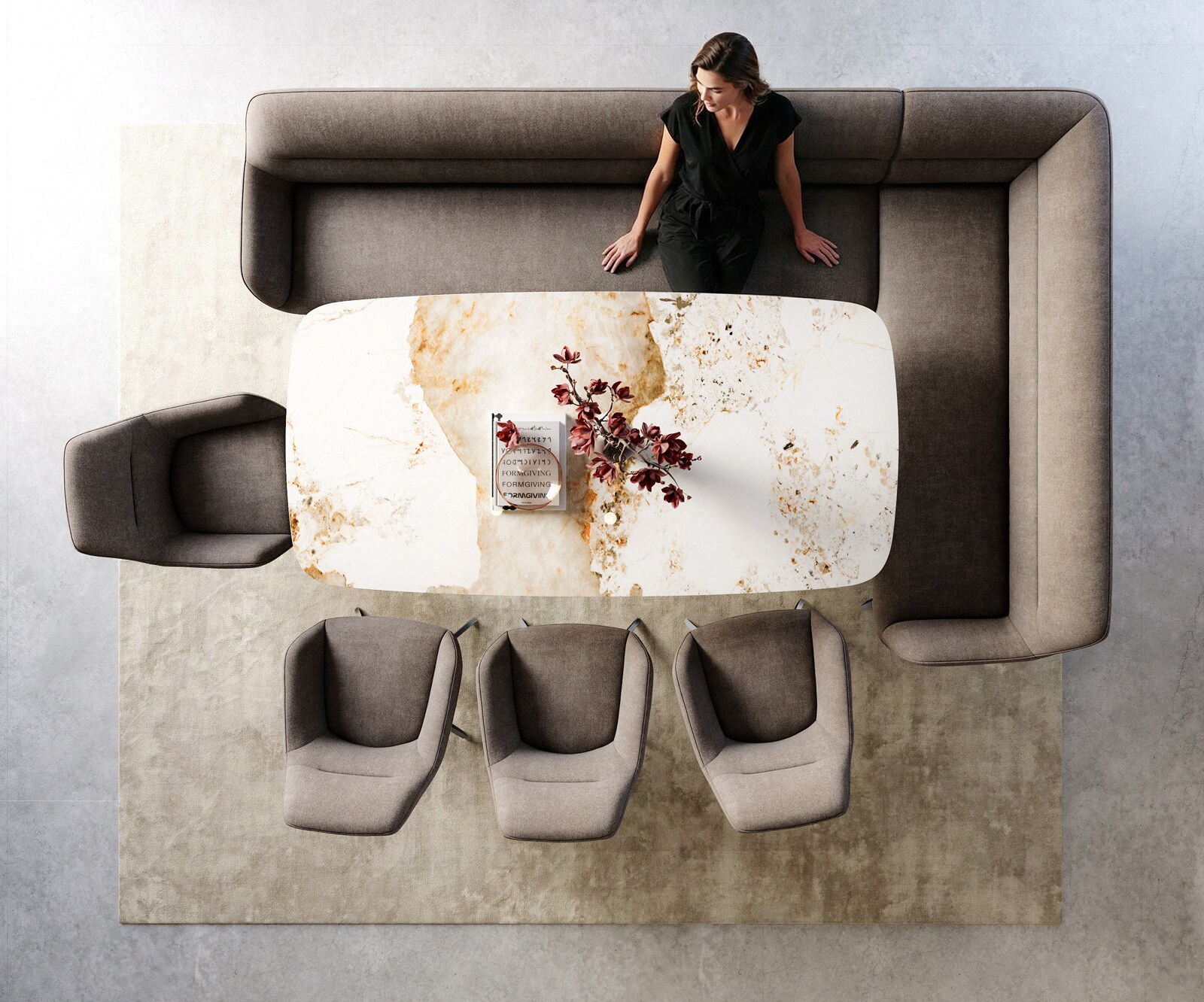 Eetkamerbank Taya-Flex 285x190 cm zachte stof met structuur taupe hoekig kruisframe grafiet pocketvering rechts 6