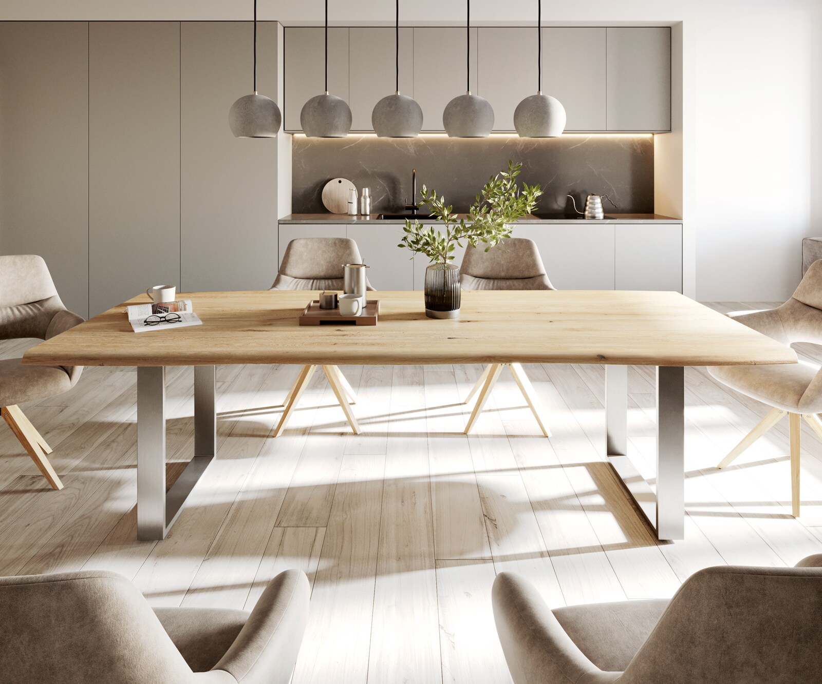 Eettafel Edge 260x100x2,5-3 eiken natuur roestvrijstaal smal Live-Edge 2