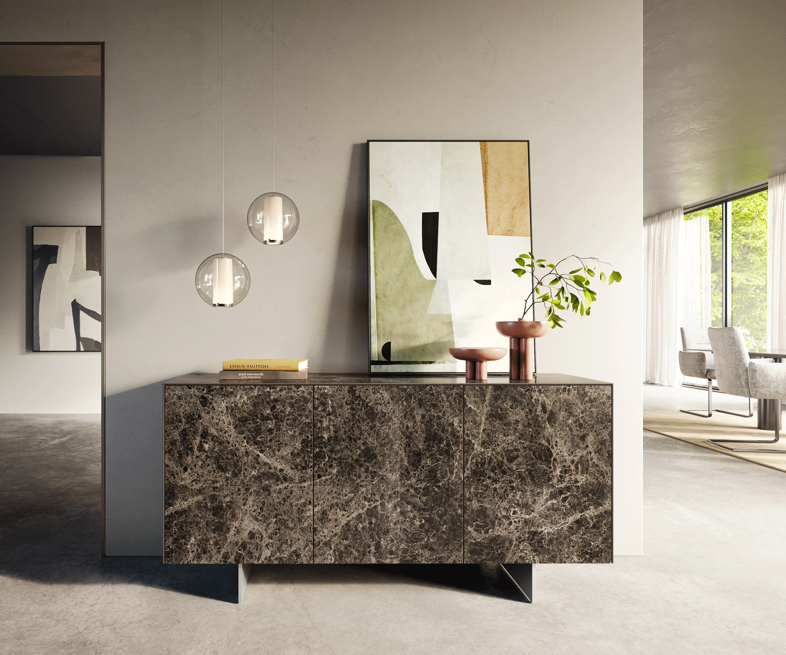 Dressoir Cuor 150 cm Keramiek Laminam® Emperador Extra Lucidato Donkerbruin 3 Deuren Zwevende voet look Roestvrij staal 1
