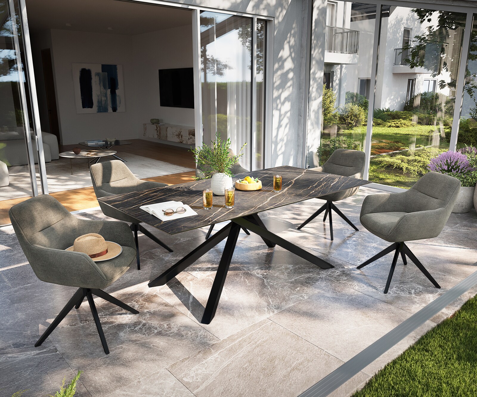 Outdoortafel Edge 200x100 cm keramiek Laminam® Noir Desir bruin kruispoot rechthoekig zwart