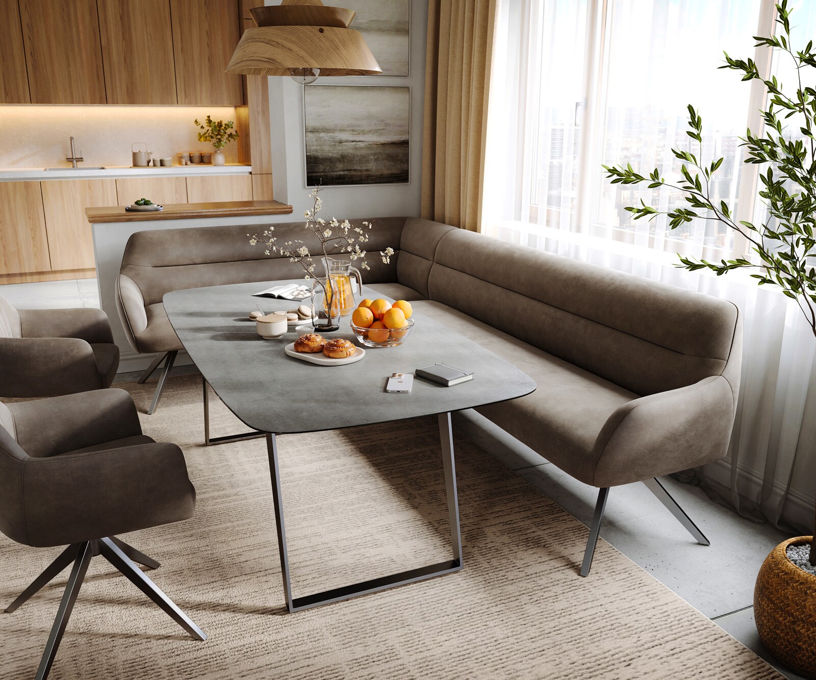 Eetkamerbank Taya-Flex 285x190 cm microvelours taupe vintage hoekig kruisframe grafiet pocketvering rechts 1