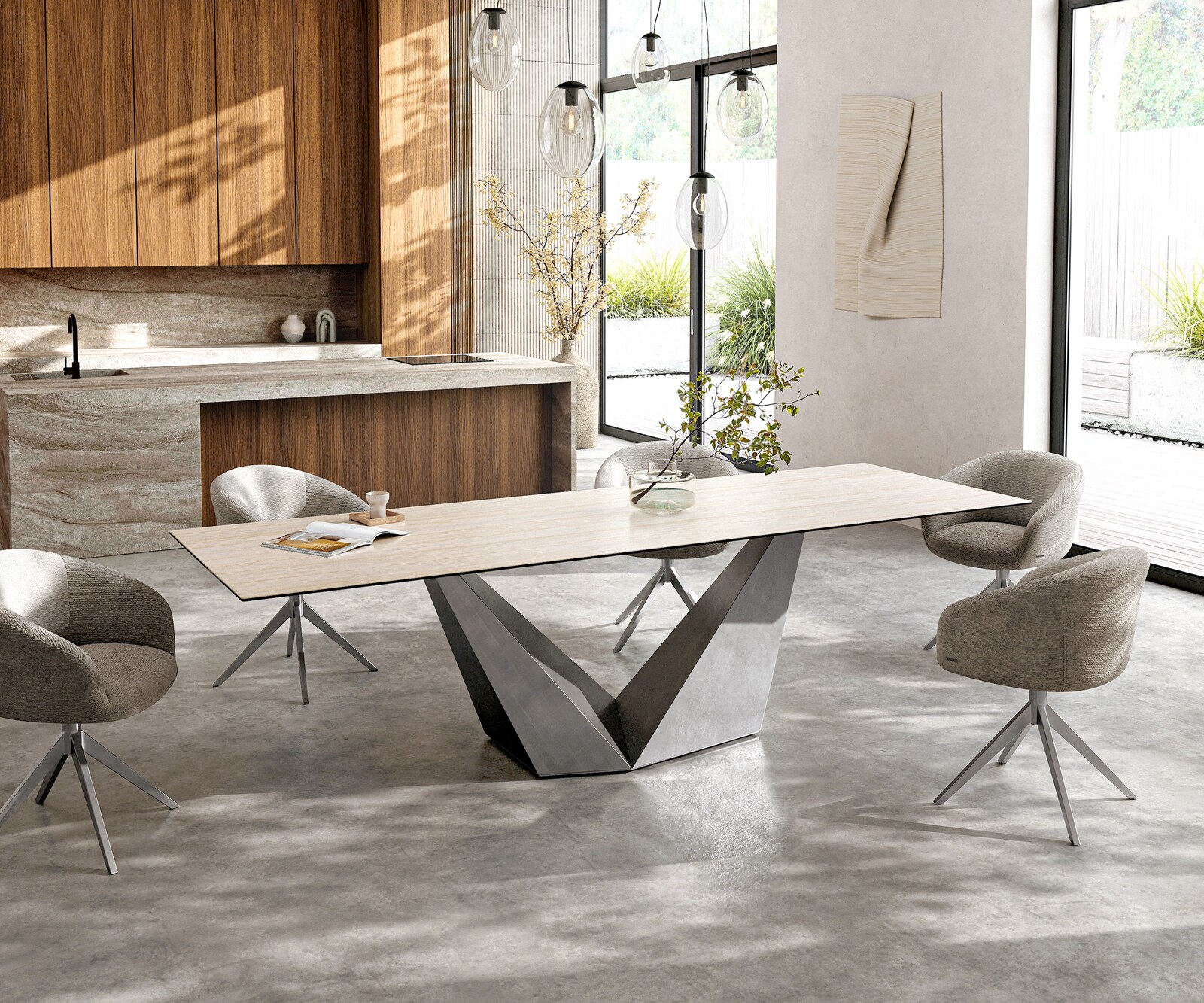 Eettafel Edge 300x100 keramiek  Laminam® Travertino Bianco Creme-wit Prisma metaal zilver 7