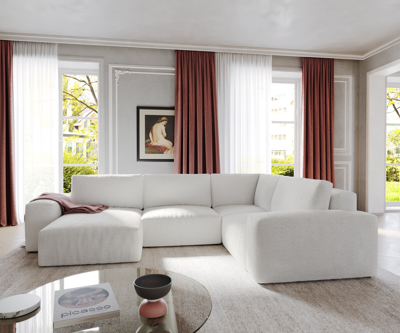 Woonlandschap Lanzo 300x210 cm bouclé crème-wit met variabele recamière 1