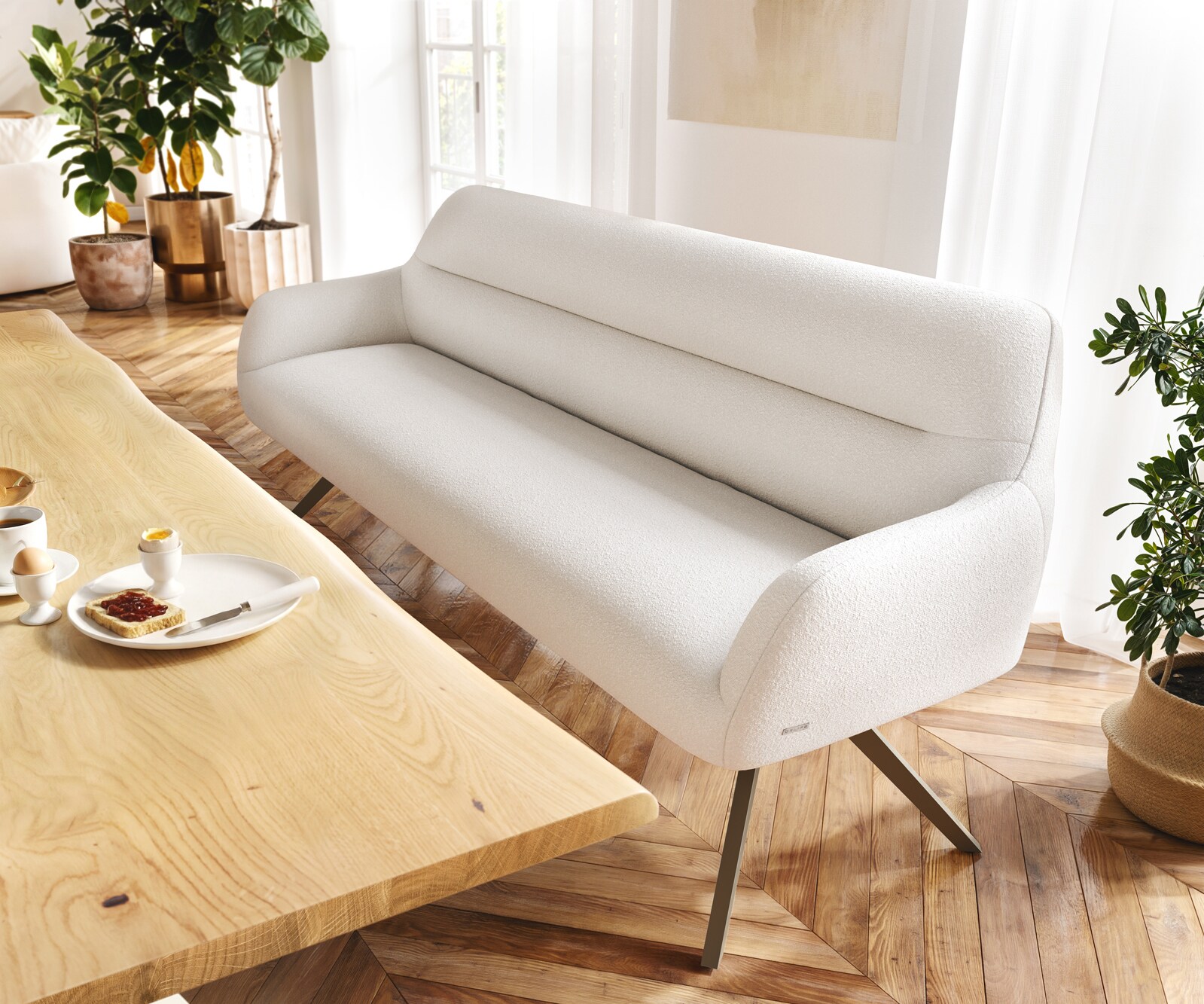 Eetkamerbank Taya-Flex 200 cm bouclé crème-wit hoekig kruisframe afwerking met titaniumeffect pocketvering