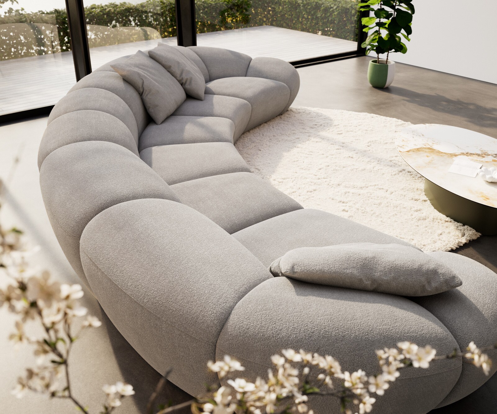 Bigsofa Lunna 470x210 cm Zachte grijze stof met structuur 3 kussens 3