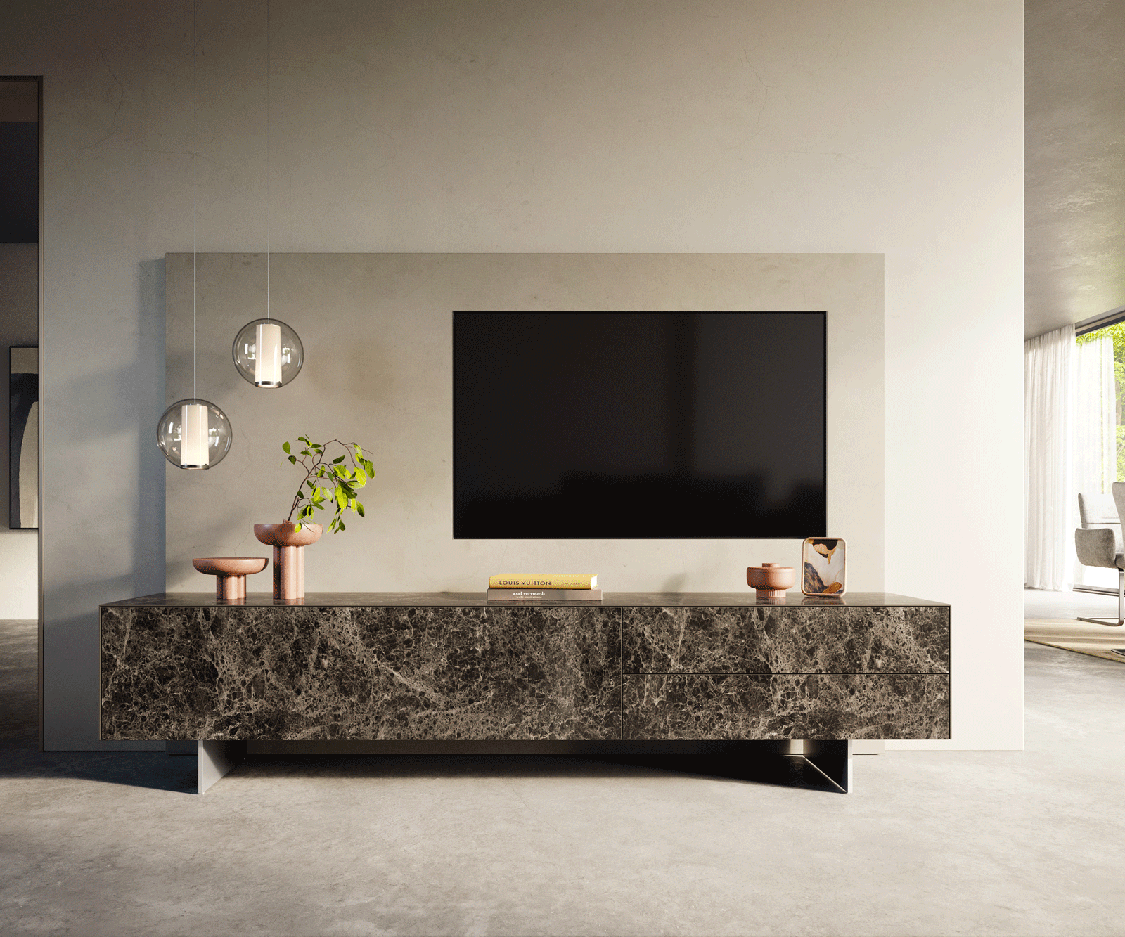 Tv-meubel Cuor 220 cm Keramiek Emperador Extra Lucidato Donkerbruin 1 Flap 2 Laden Zwevende voet look Roestvrij staal 1