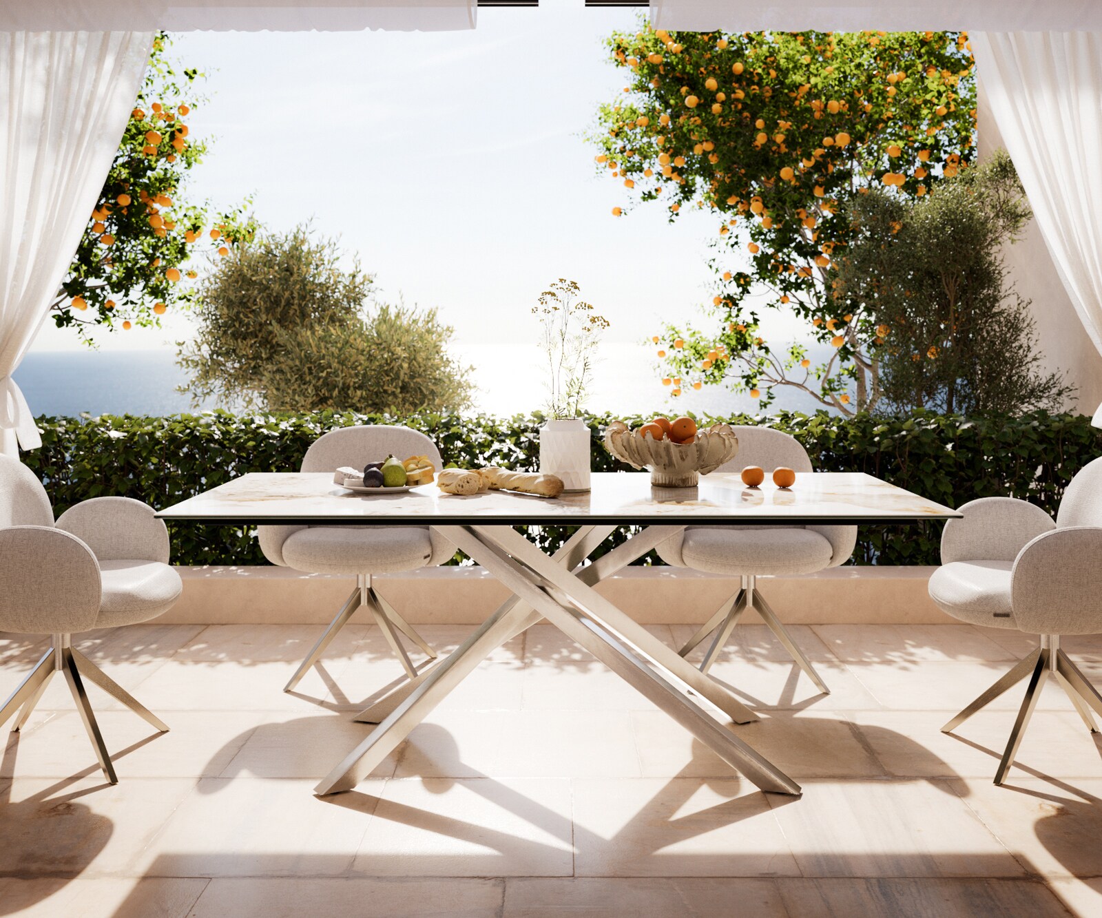 Outdoortafel Edge 200x100 cm keramiek Minas Melange wit-beige kruispoot rechthoekig roestvrij staal