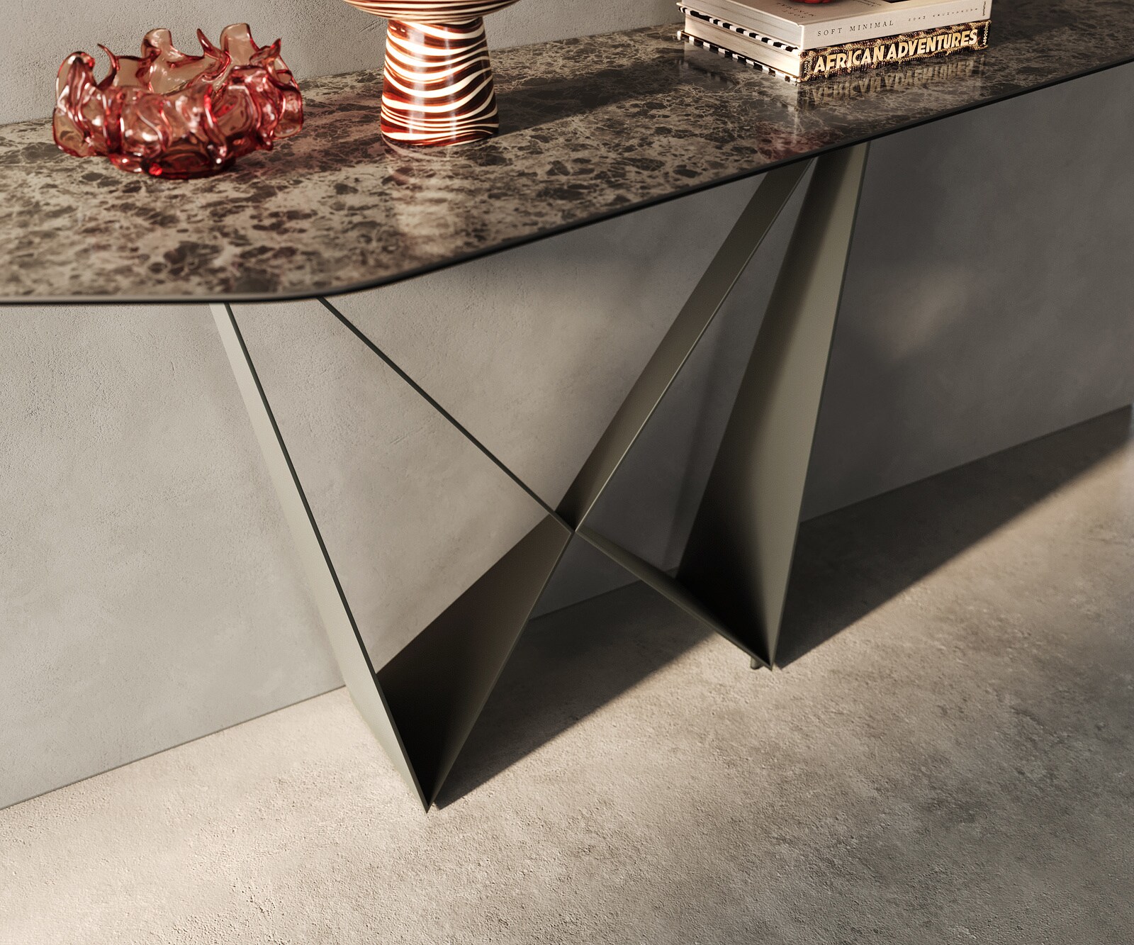 Consoletafel Edge Polygonaal 180x50 cm Keramiek Emperador Extra Lucidato Dunkelbraun Spios Metaal Effektfinish Titan 6