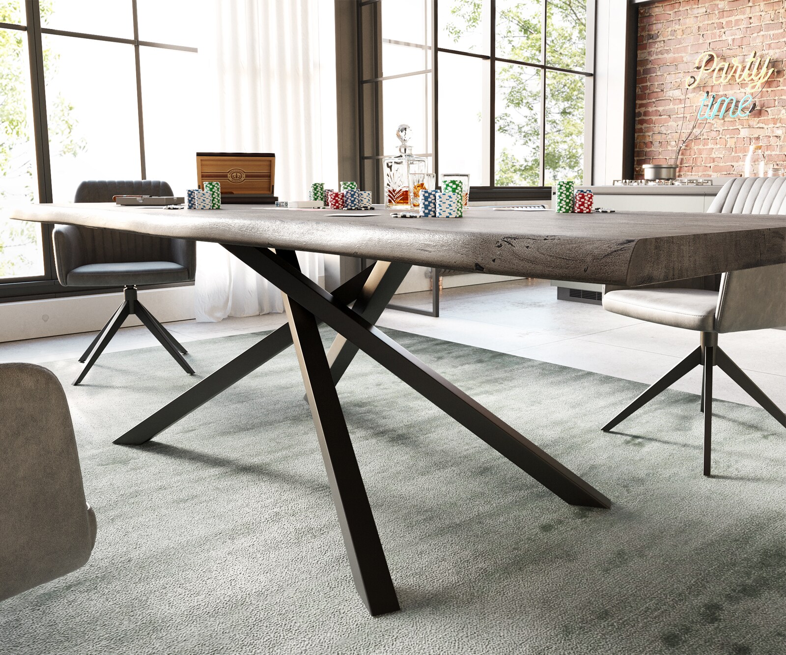 Eettafel Edge 260x100 XL acacia platina  kruisframe rechthoek zwart  Live-Edge 5