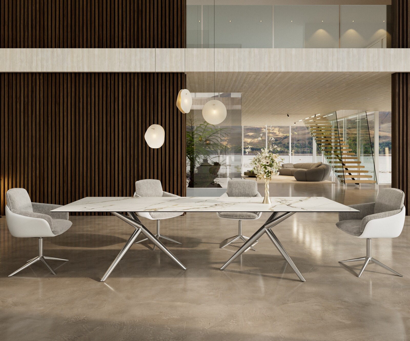 Eetkamertafel Edge 300x100 keramiek Calacatta Luxe wit-Gold-grijs Estelar rond  roestvrij staal