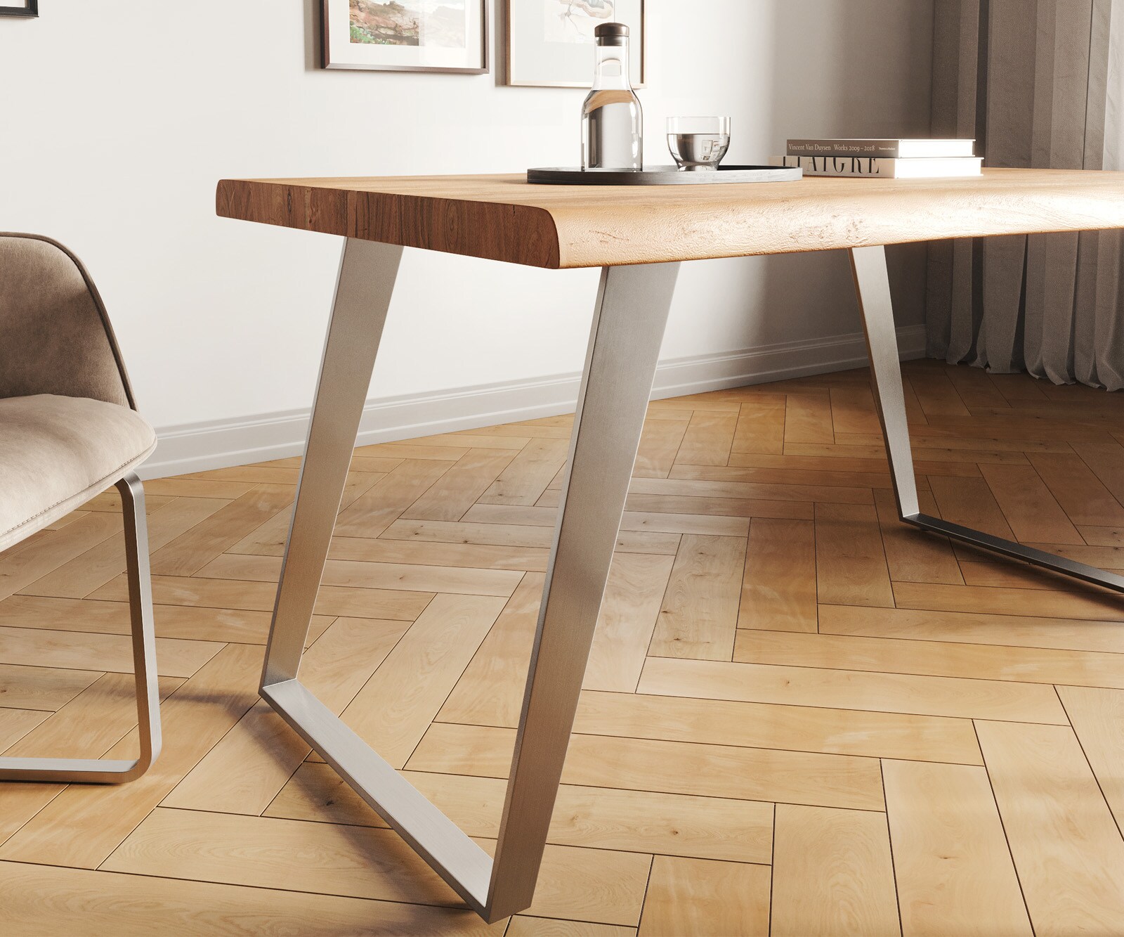 Eettafel Edge 140x90 XL acacia natuur roestvrijstaal schuin Live-Edge 4
