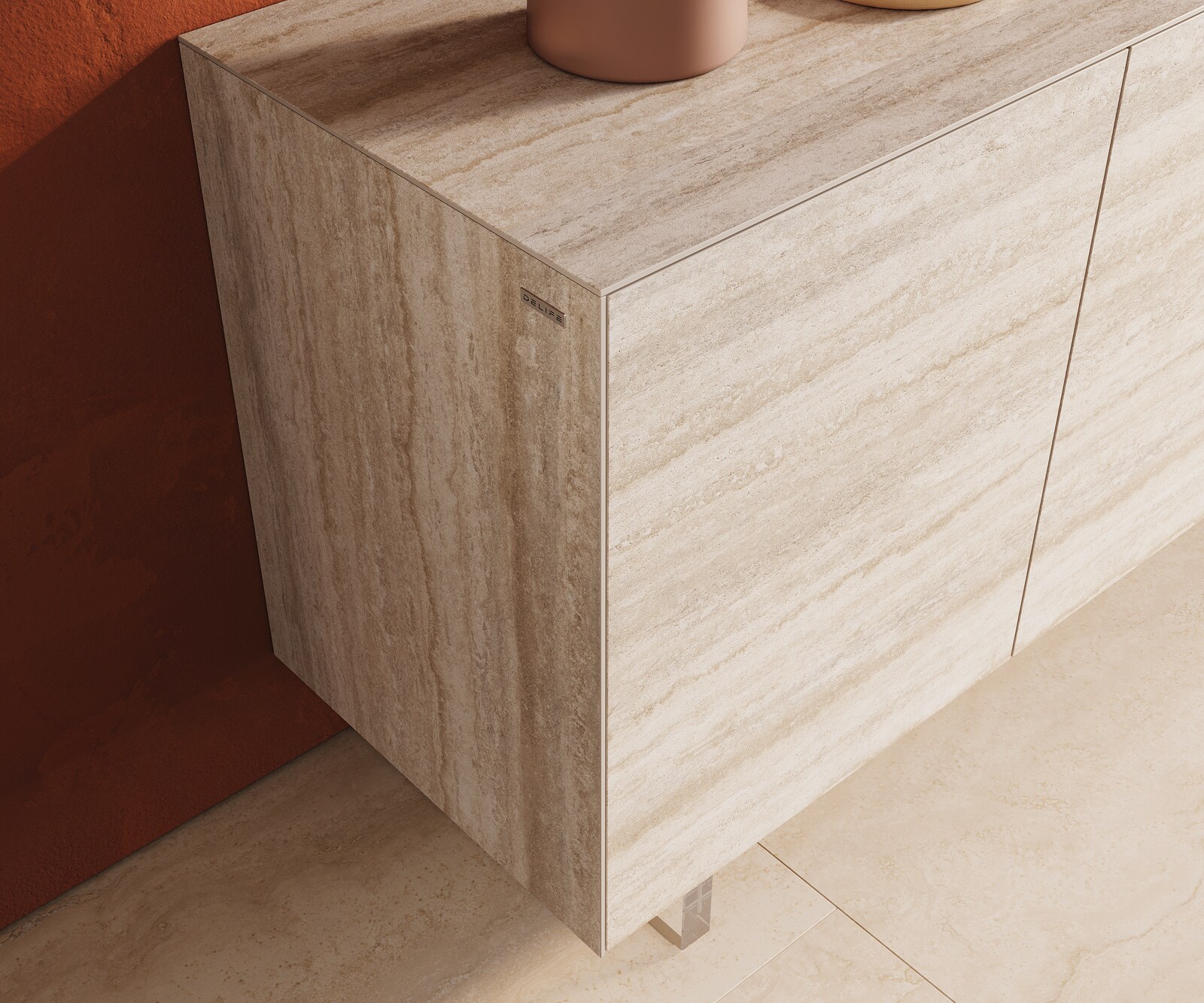 Dressoir Cuor 150 cm Keramiek Laminam® Travertino Bianco Crème-wit 3 Deuren Zwevende voet look Acrylglas 6
